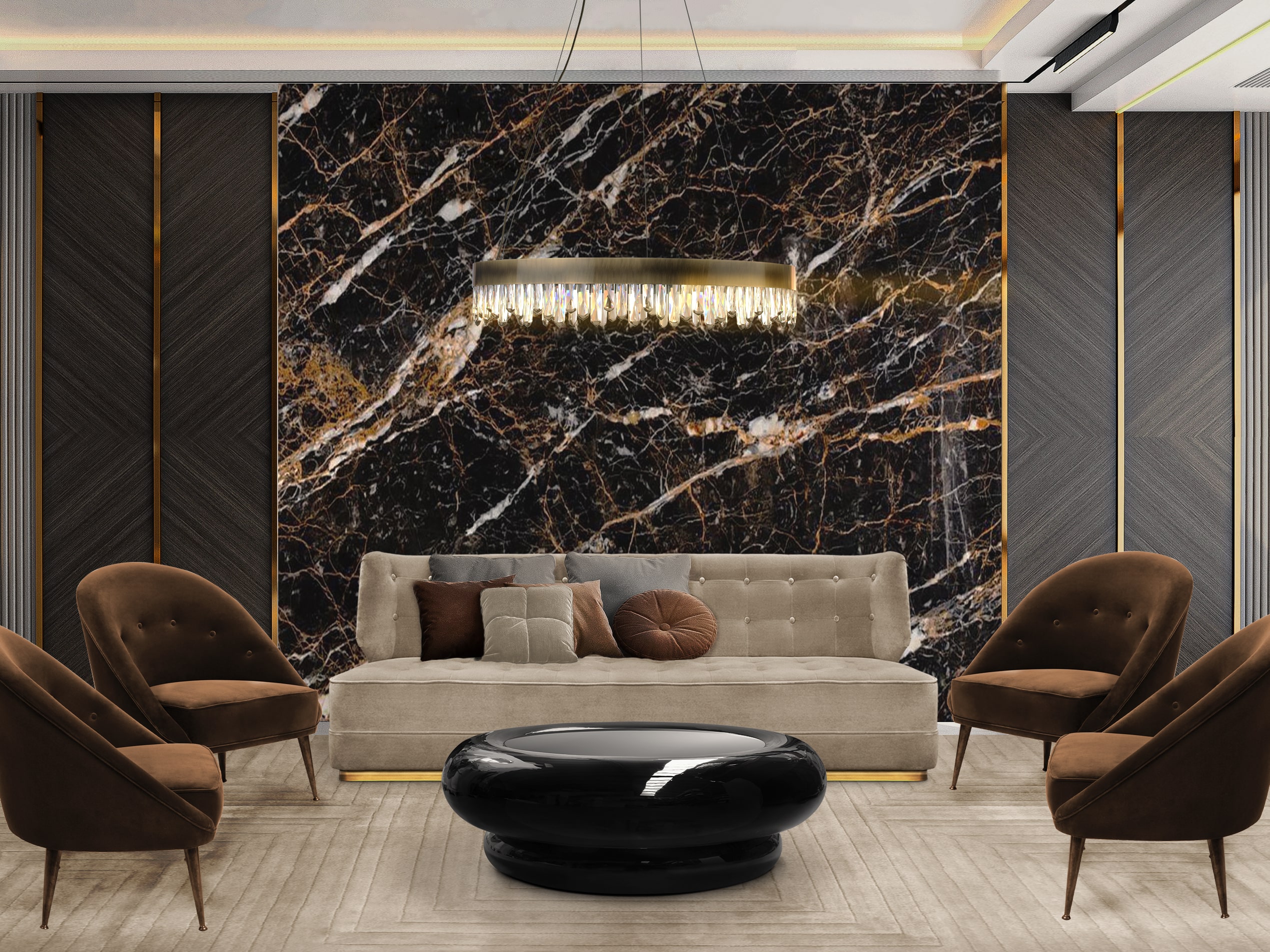 577-1 577-1 BROWN TONED LIVING ROOM DECOR WITH CONTEMPORARY ARMCHAIRS BY HOME'SOCIETY - Four Seasons Hotel Chicago, SBID Hotel Public Space Design Award Winner Four Seasons Hotel Chicago, SBID Hotel Public Space Design Award Winner 577 1