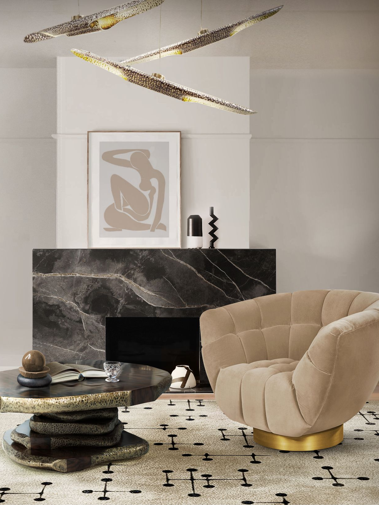 MODERN CONTEMPORARY LIVING ROOM DESIGN WITH HANDMADE RECTANGULAR RUG AND SWIVEL ARMCHAIR by Home'Society -Christian Liaigre's Interior Design Projects Around the World  Christian Liaigre’s Interior Design Projects Around the World 207