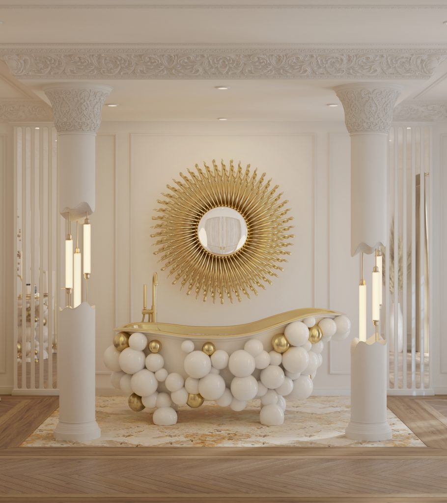 Gold And Glamour Define This Breathtaking Bathroom Design / FuoriSalone 2026  fuorisalone 2026 FuoriSalone 2026: Disruptive Installations and Emerging Design Trends MV 0225 Ambiente Pilares com Luz White Newton Bathtub Goddess Mirror 8 910x1024