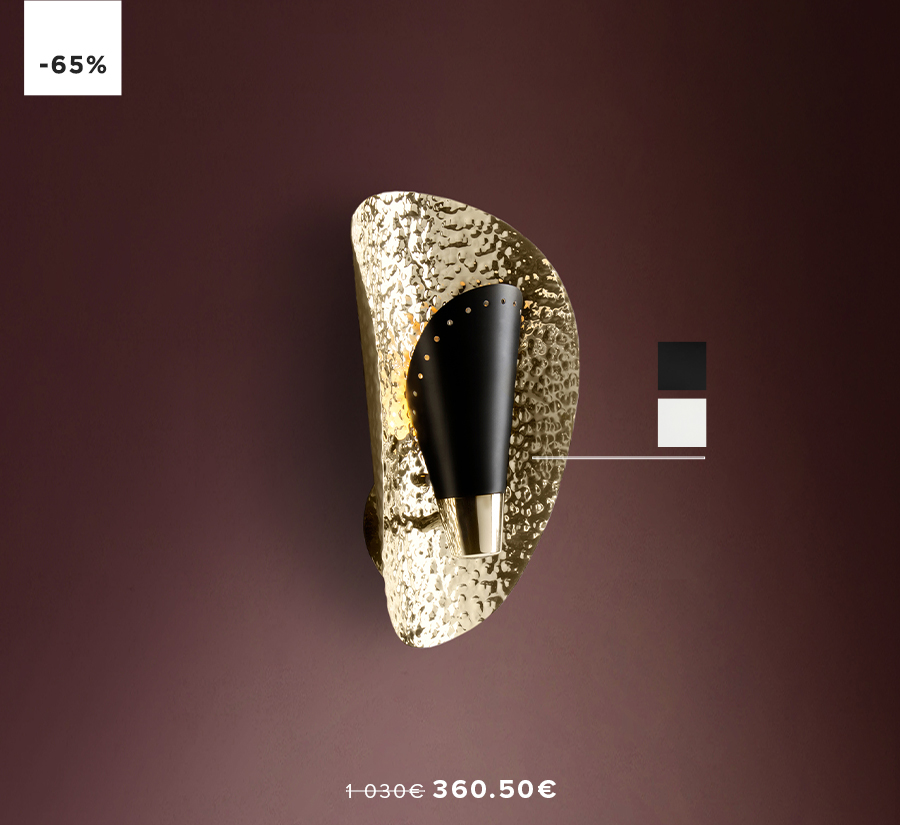 Aruna Wall Ligh: in Hammered Gold Brass and Matte Lacquer Modern Contemporary