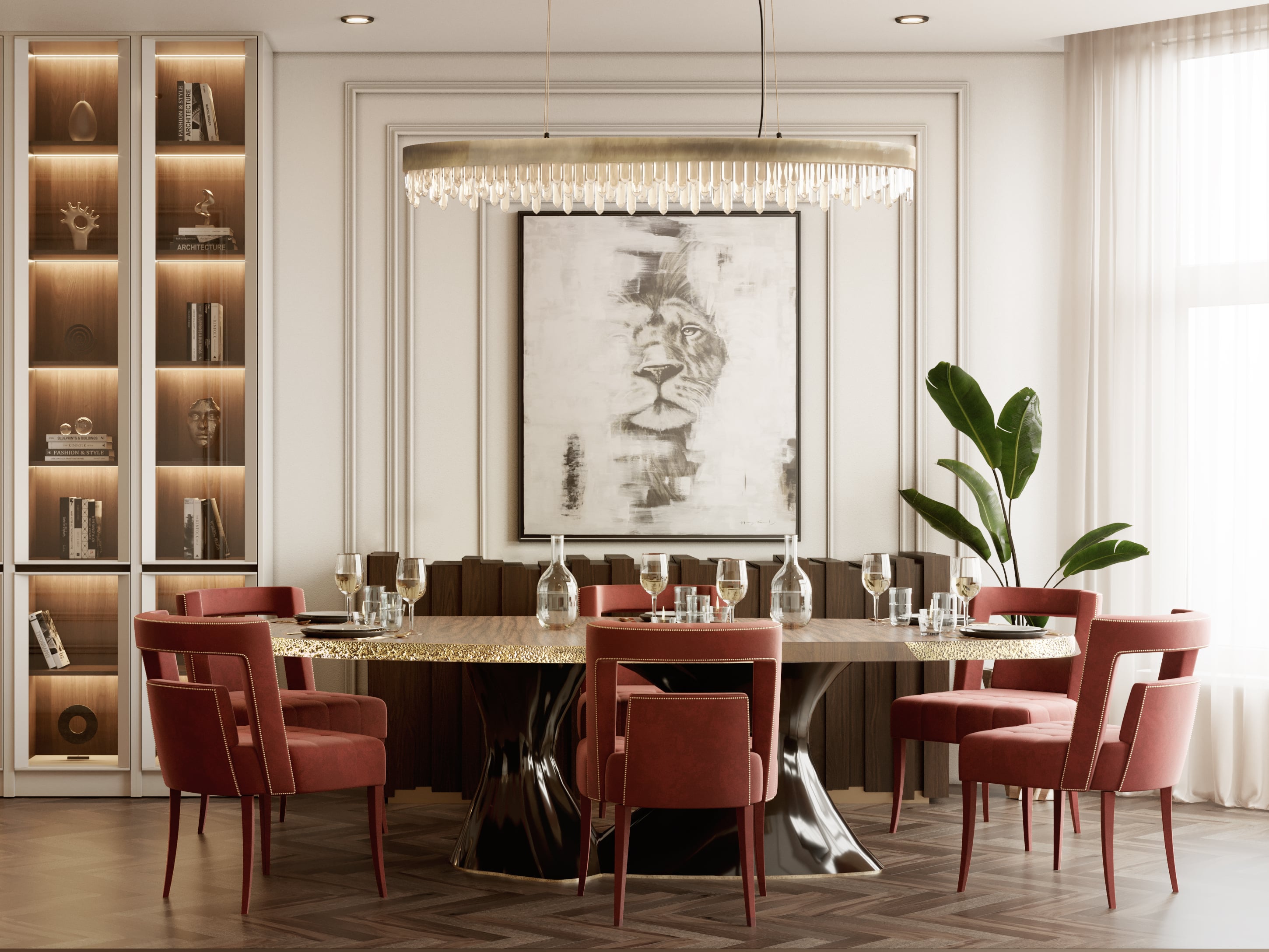 Modern Dining Room Design with Wood Dining Table and Velvet Dining Chairs - Home'Society