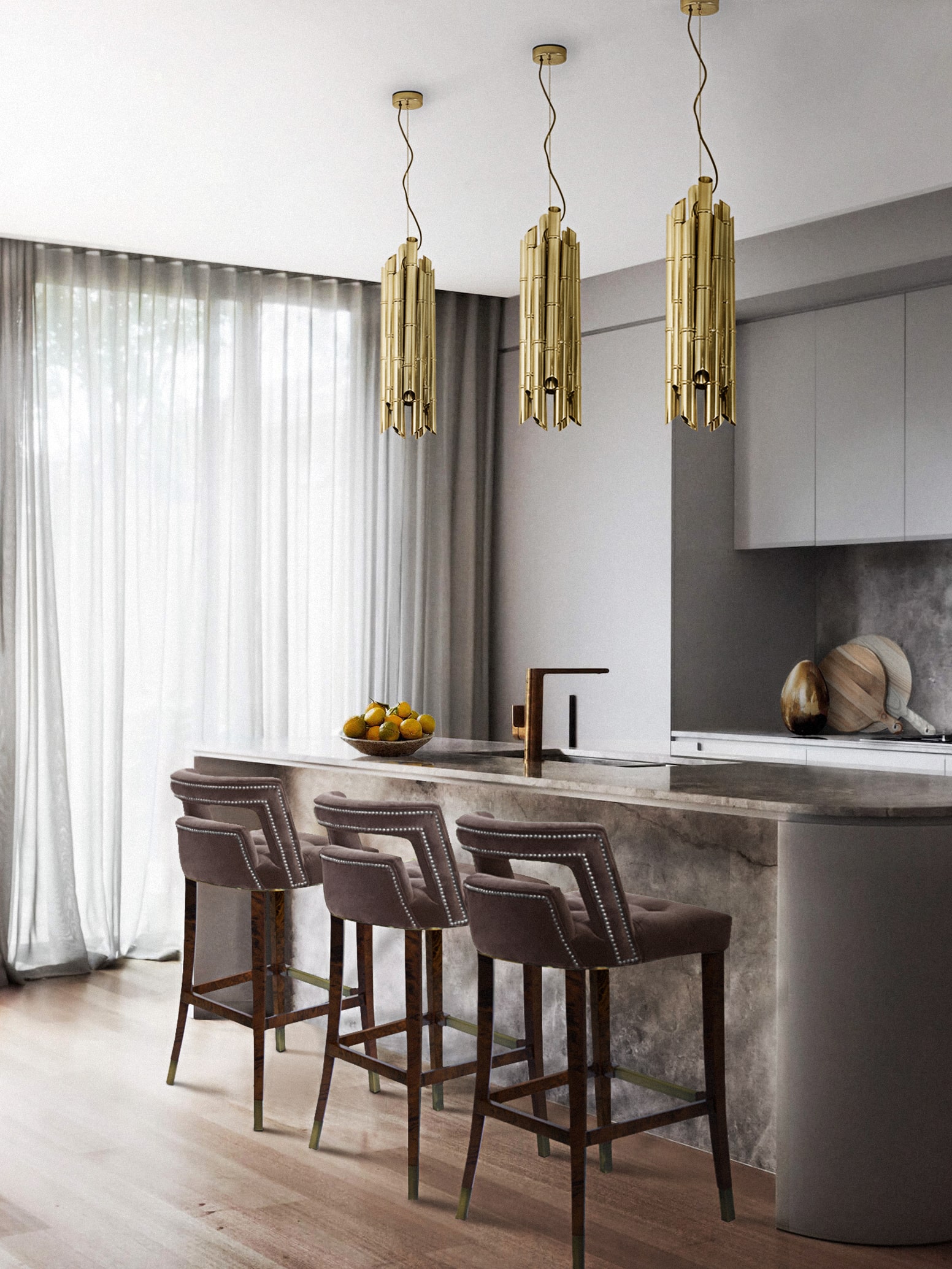 Alluring And Luminous Modern Kitchen Layout with Velvet Counter Stool - Home'Society