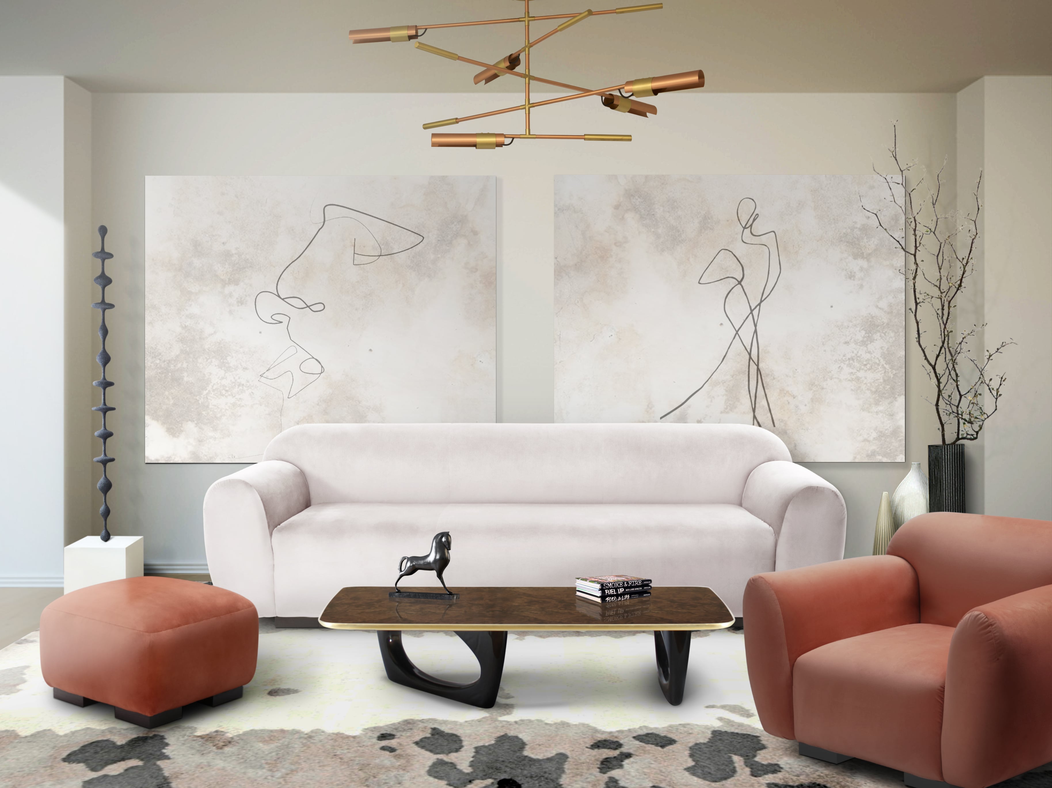 Modern Contemporary Living Room Design with Velvet Sofa, Brass Chandelier and Wood Coffee Table - Home'Society