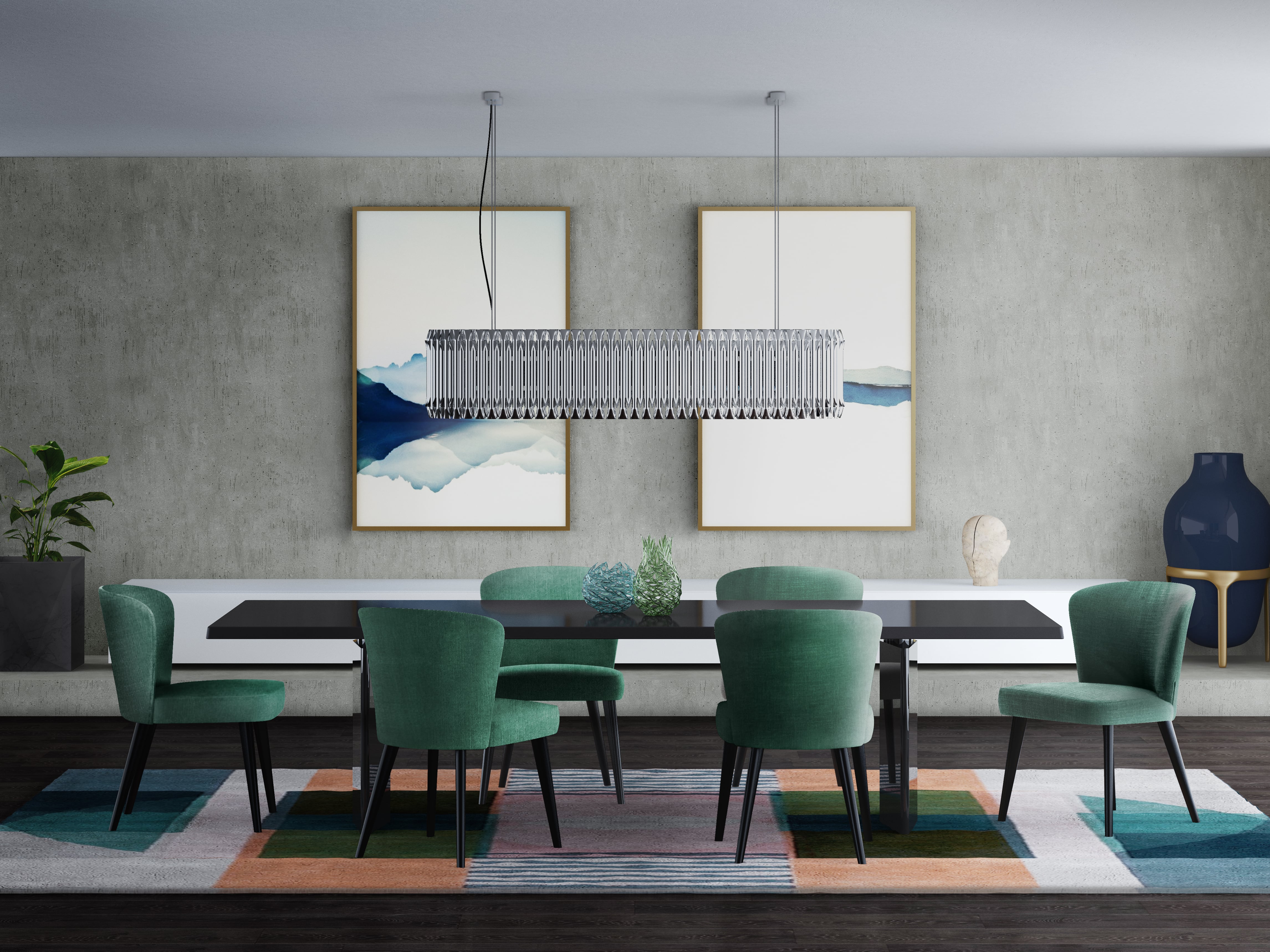 Modern Dining Room Design with Green Dining Chair and Rectangular Modern Rug - Home'Society