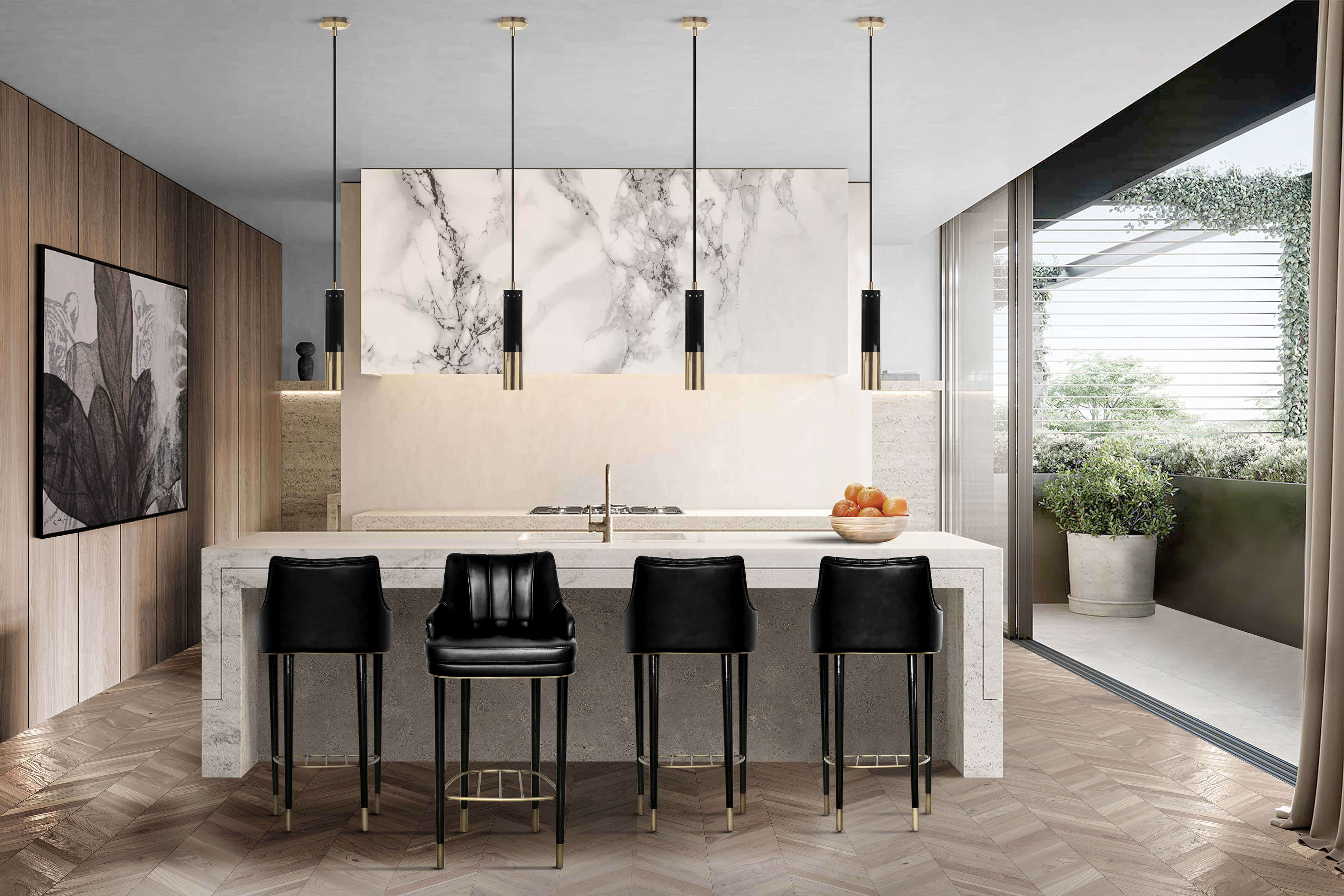Modern Classic Kitchen Design with Leather Counter Stool and Gold Pendant Lights - Home'Society