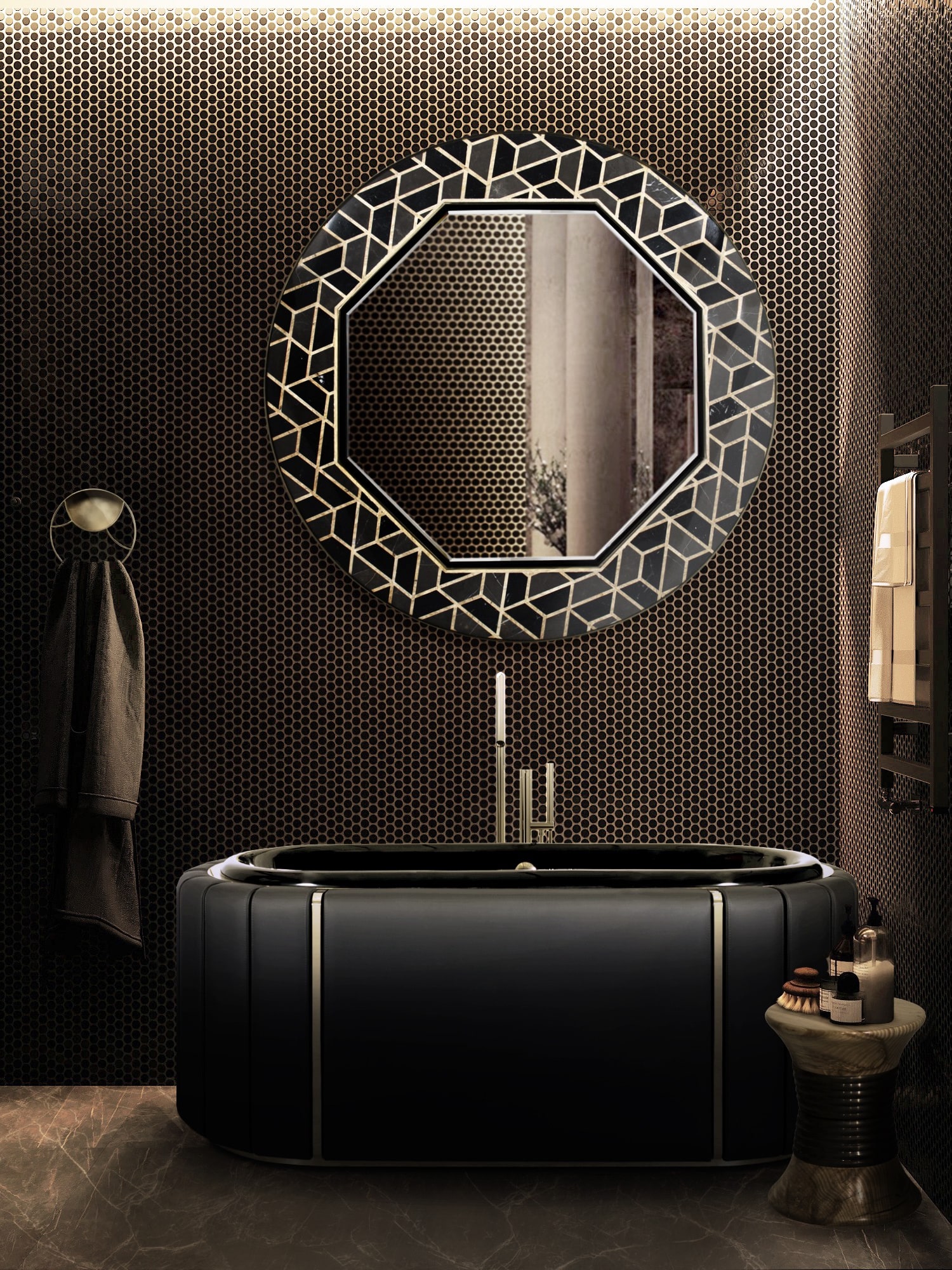 Modern Classic Bathroom Design with Round Mirror and Black Bathtub - Home'Society