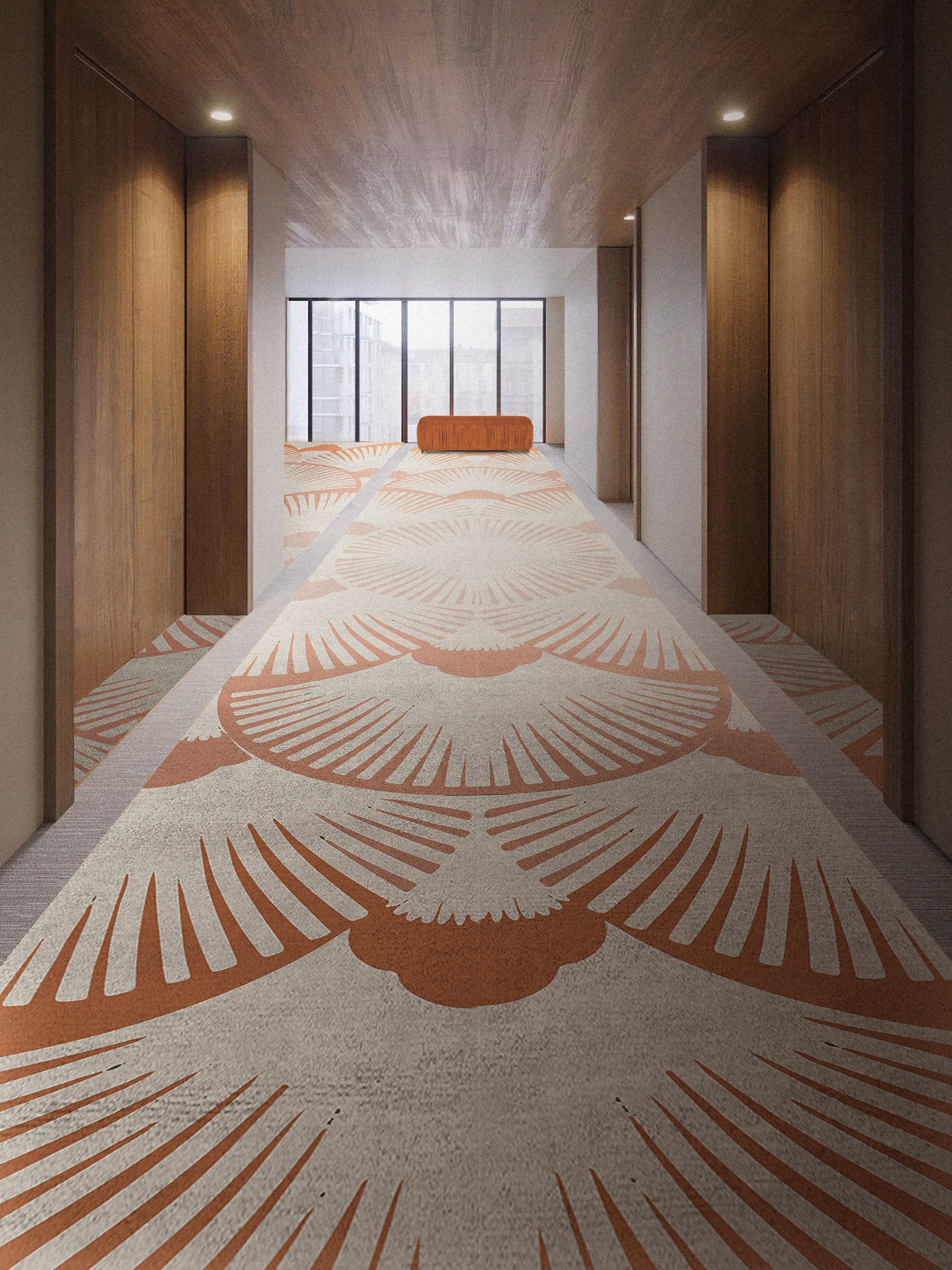 Modern Hallway Design with Orange Velvet Bench and Runner Rug - Home'Society