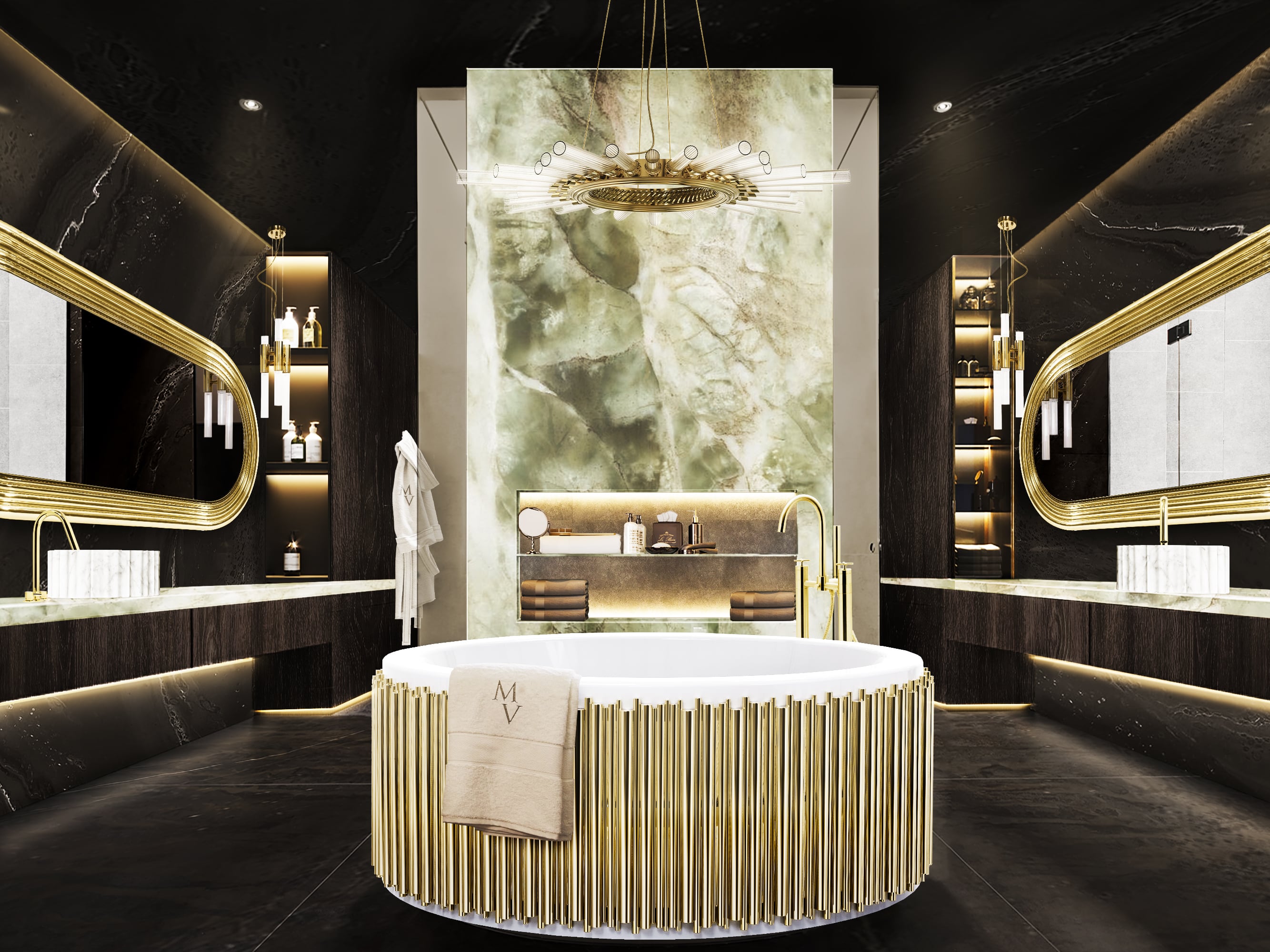 Modern Luxury Bathroom Design with Brass Wall Mirror and Golden Round Bathtub - Home'Society