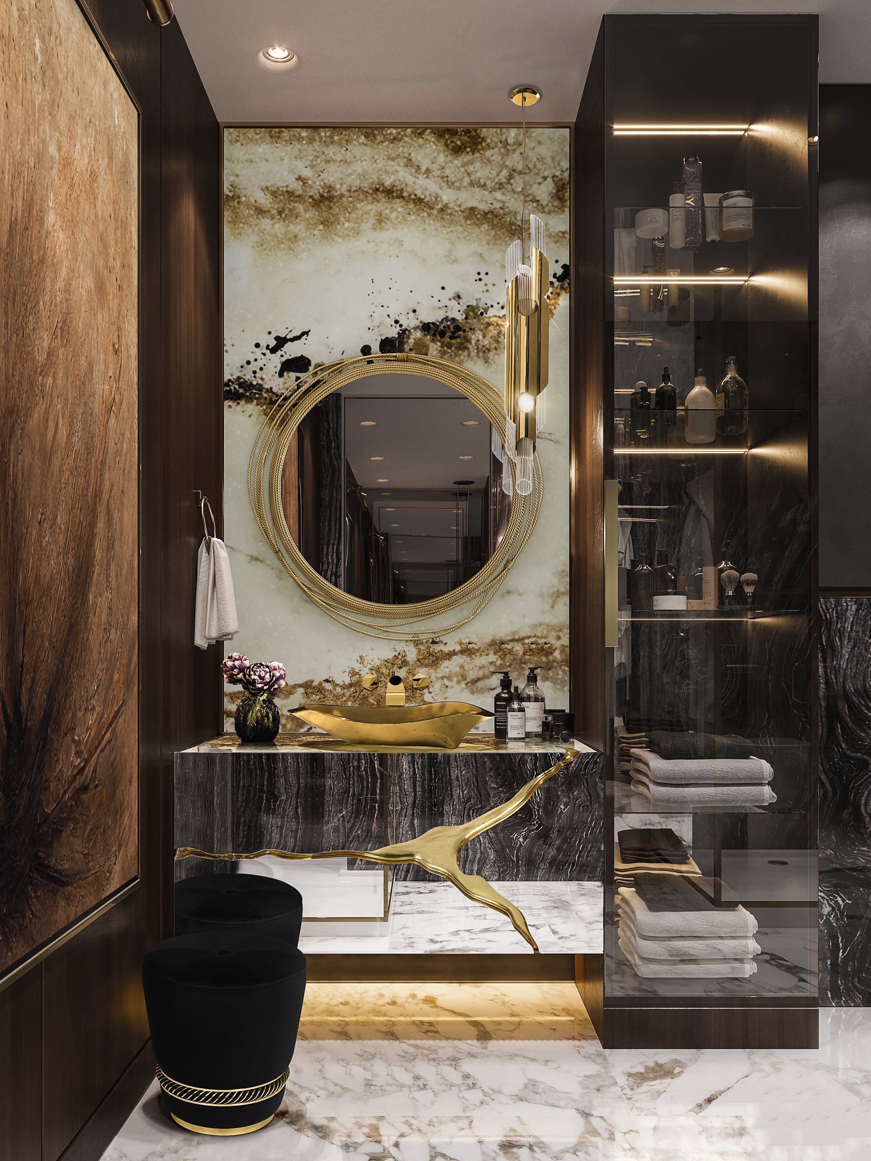Dark and Gold Bathroom With Unique Cabinet With Brass Design - Home'Society