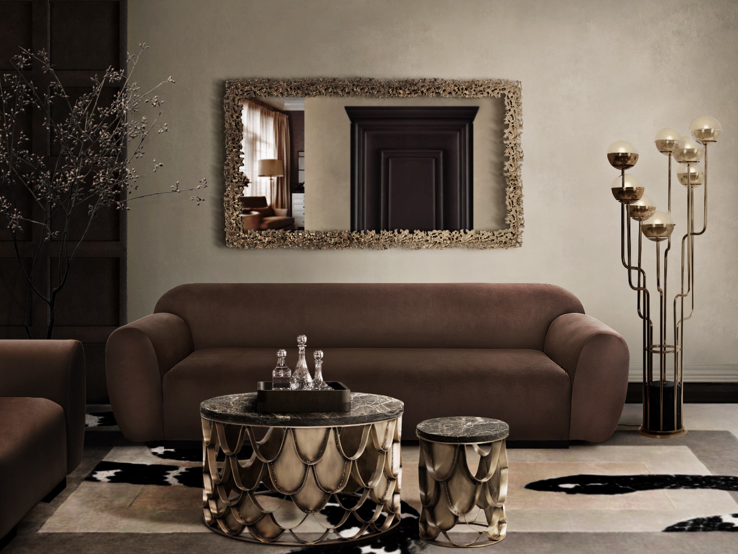 Dark Brown Living Room with Golden Mirror - Home'Society