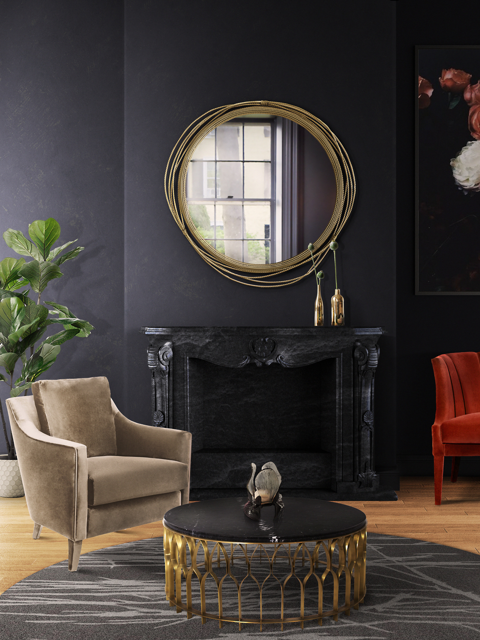 Dark Living Room Design Ideas With Golden Coffee Table - Home'Society