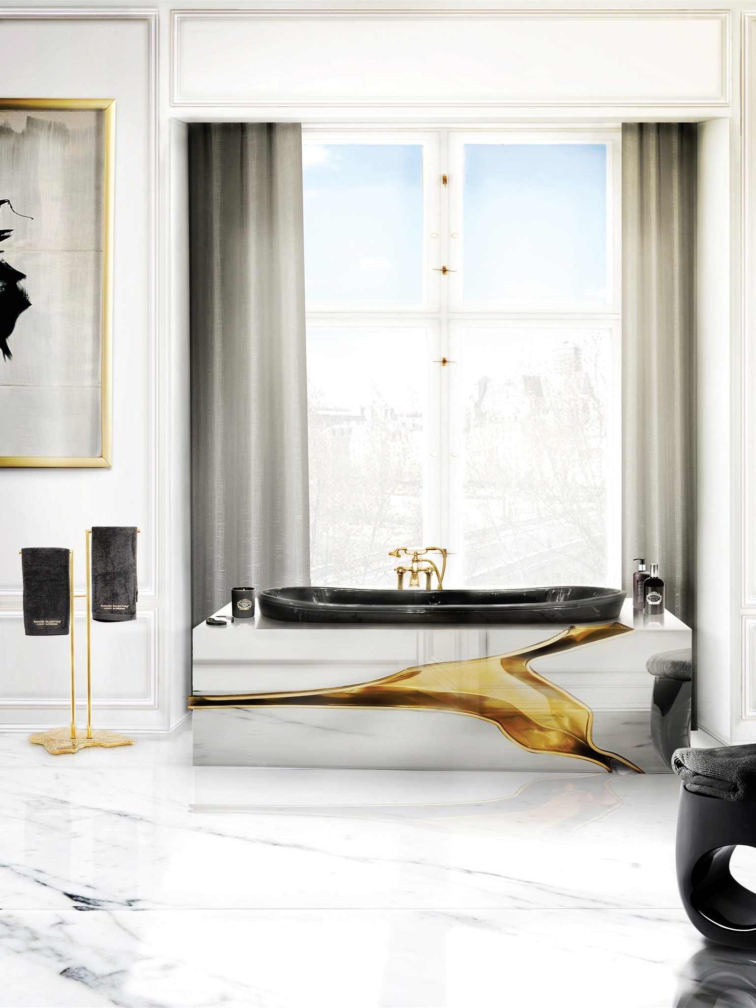 White Luxury Marble Bathroom With Bathtub With Golden Tear - Home'Society
