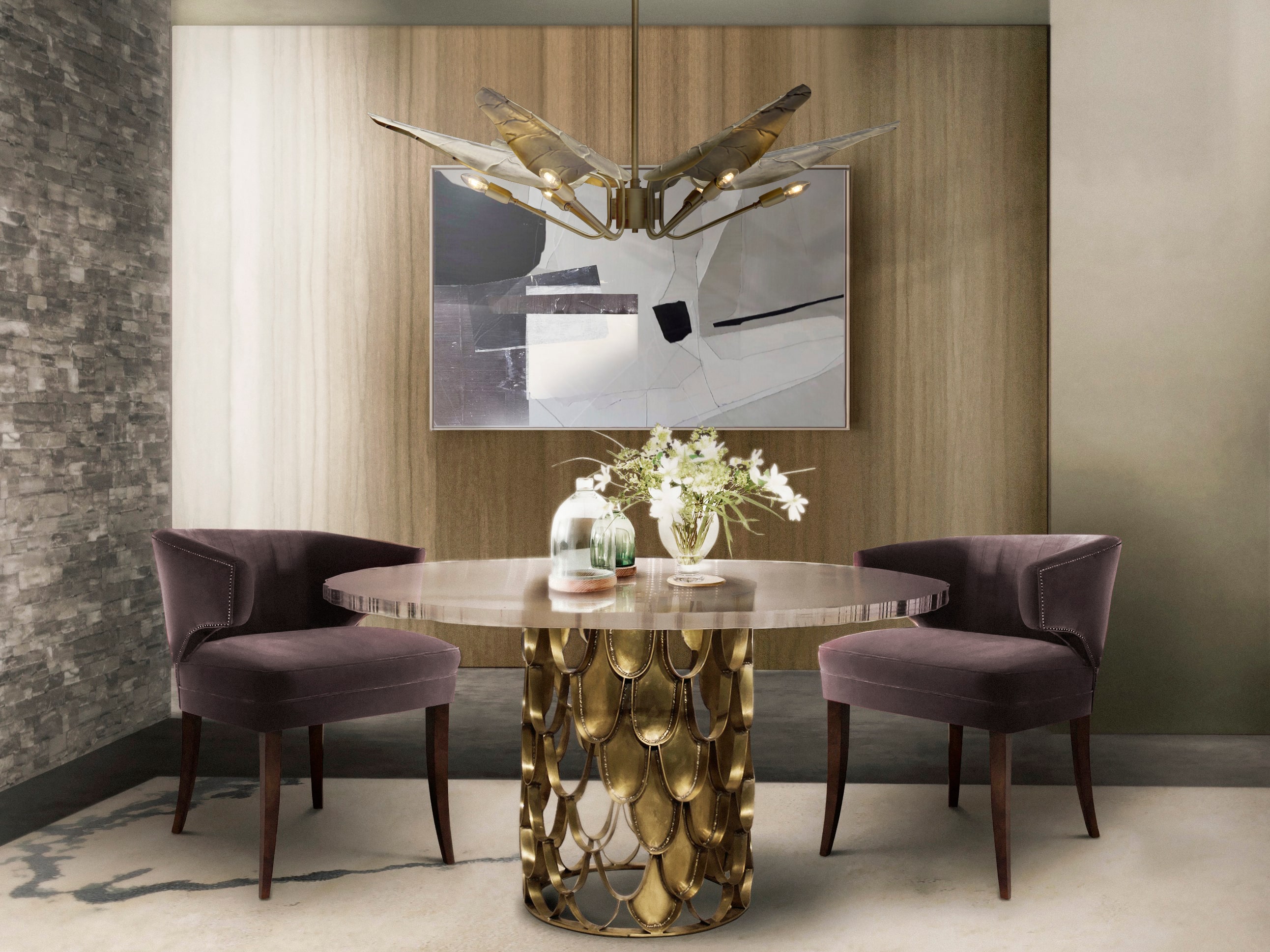 Cozy And Relaxing Modern Dining Room With Golden Detailed Table - Home'Society