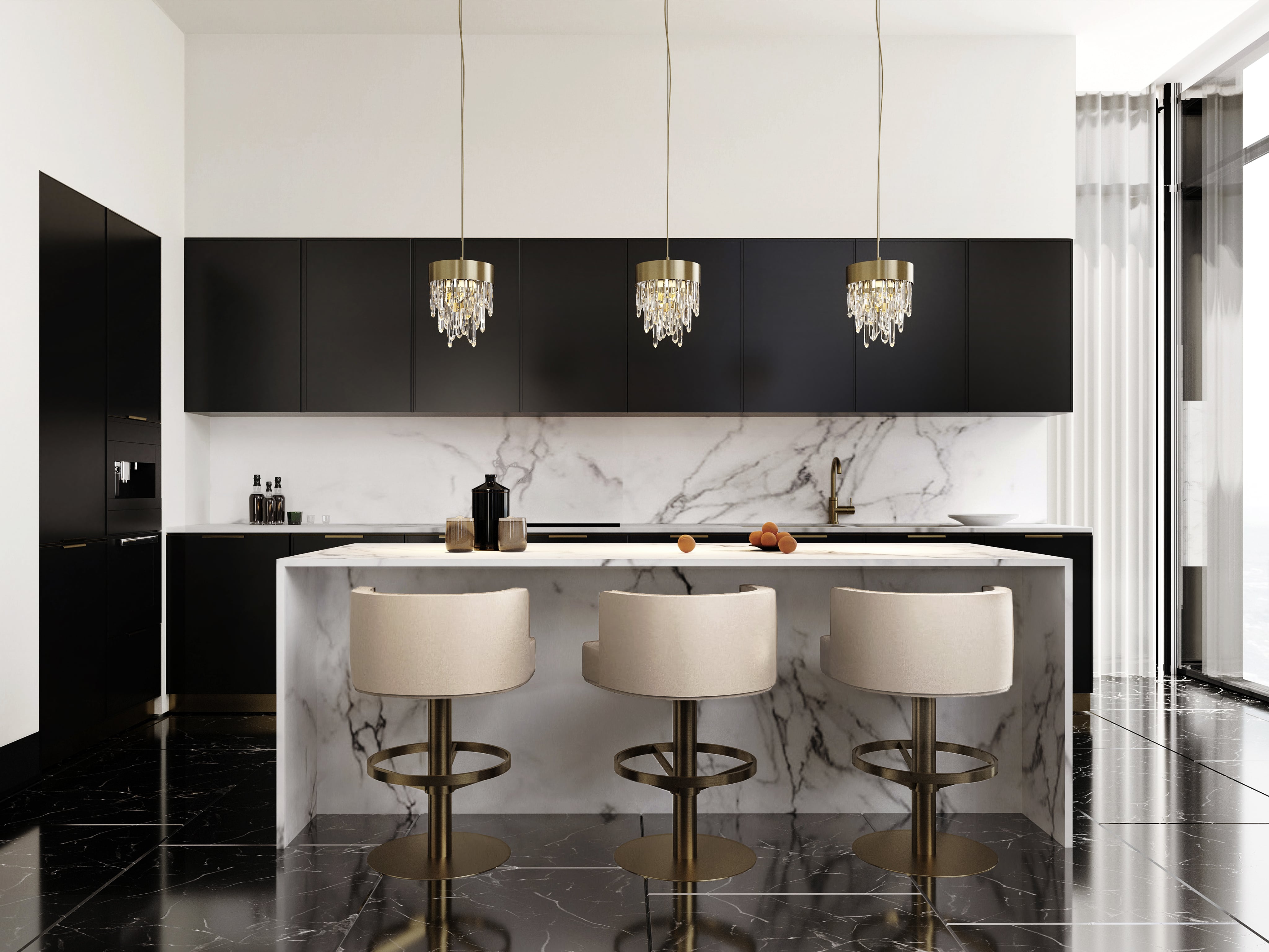 Neutral Tones In Beautiful Kitchen Design With Swivel Counter Stool - Home'Society