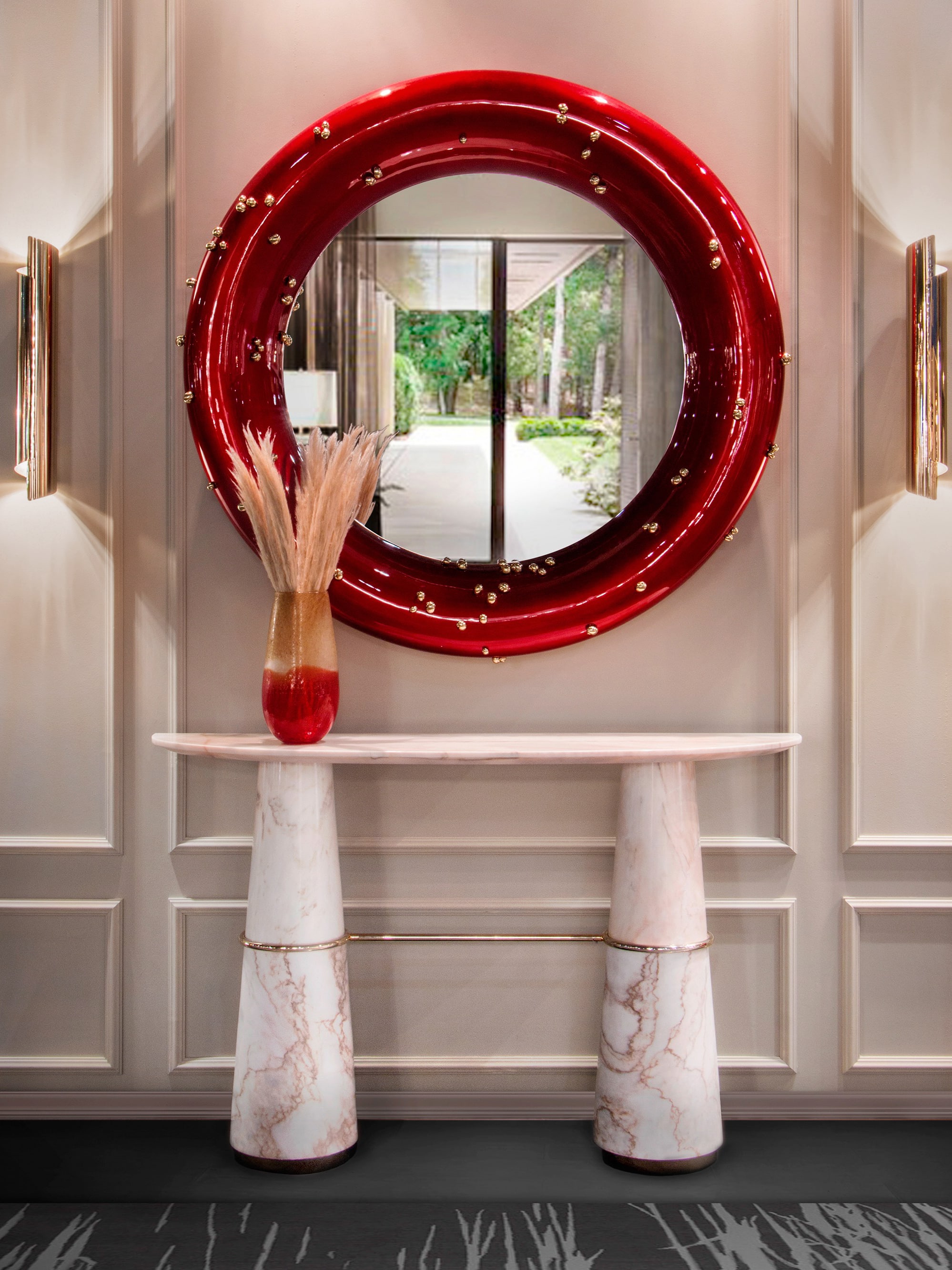 Contemporary Hallway With Red Mirror And Marble Console - Home'Society