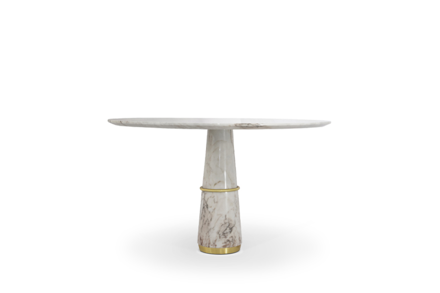 Agra White Marble Round Dining Room Table with Polished Gold Details