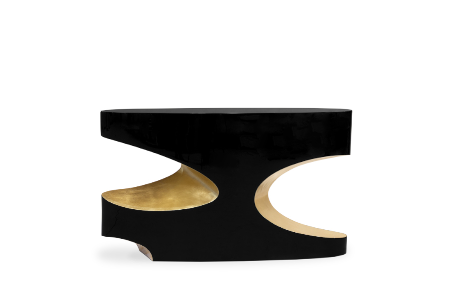 Bryce Black Lacquered Console Table with Glossy Gold Leaf Modern Design