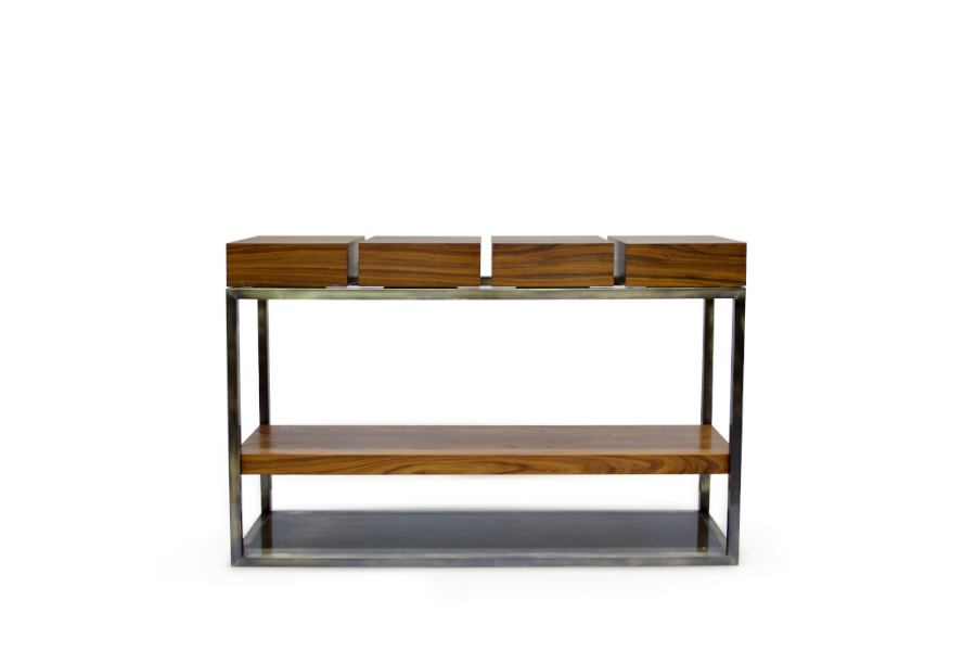 Cassis Brass and Wood Console Table With Drawers and Shelf Modern Midcentury