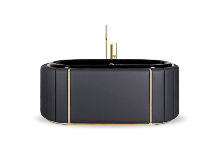 Darian Black Synthetic Leather Upholstered Freestanding Bath and Gold Details