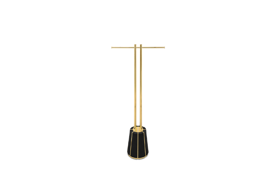 Darian Towel Rack With Black Matte Synthetic Leather and Gold Plated Brass