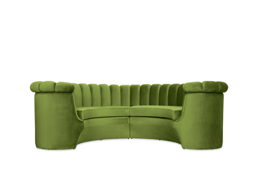 Hera Round Sofa Upholstered In Eden Green Velvet With A Modern Design
