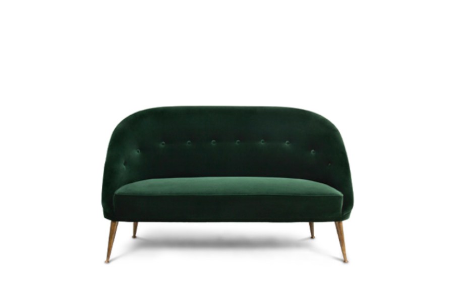 Malay Velvet Upholstered 2 Seat Sofa with Brass Legs Modern Midcentury