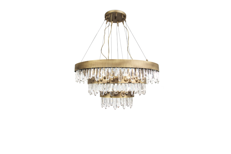 Naicca Chandelier Made In Aged Brushed Brass With A Quartz Crystal Diffuser