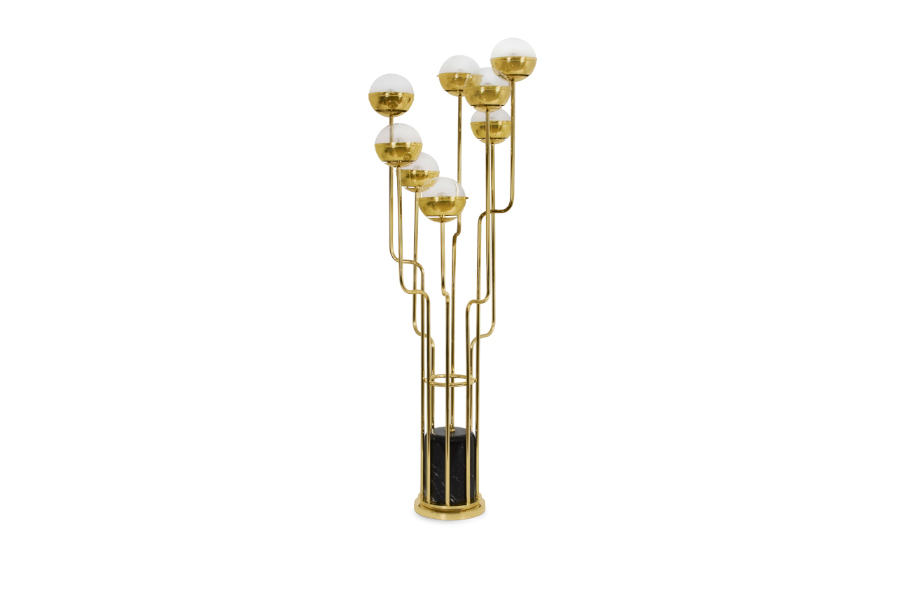 Niku Floor Lamp with Round Shaders in Gold Brass and Base in Black Marble