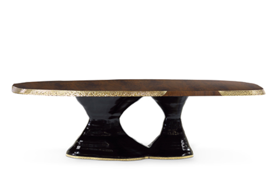 Plateau Rectangular Wood Dining Room Table with a Black Lacquer Base