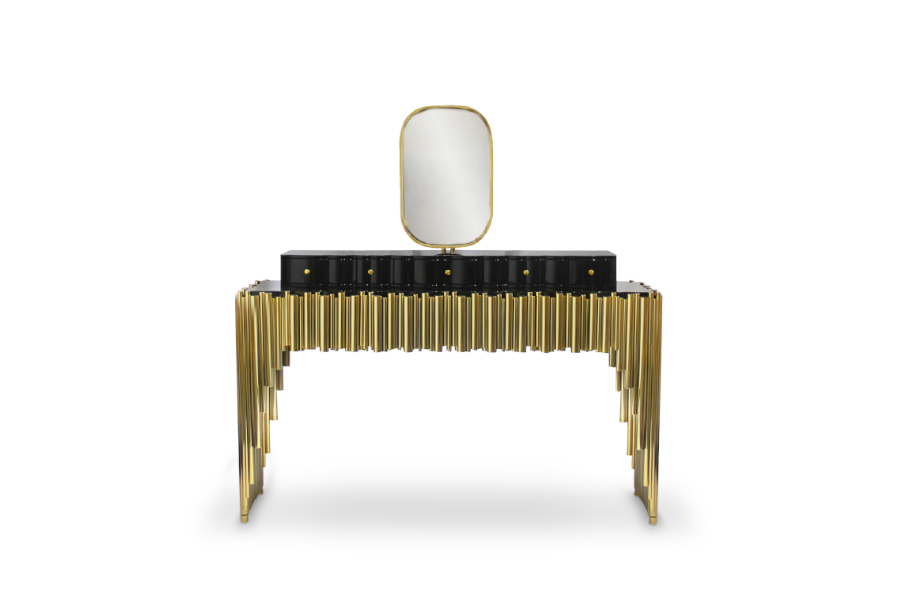 Symphony Makeup Vanity Table in Black Lacquered Glossy and Gold Plated Brass - Home'Society