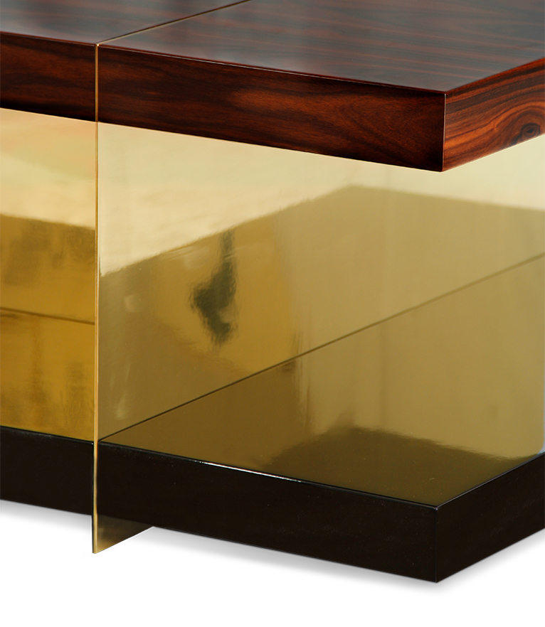 Lallan Wood Rectangular Coffee Table with Black Lacquer and Brass Details - Home'Society