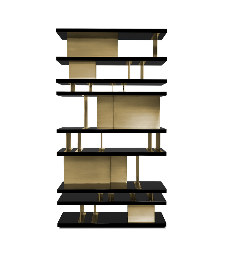 Lallan Bookcase with Black Matte Lacquer and Gold Plated Brass - Home'Society