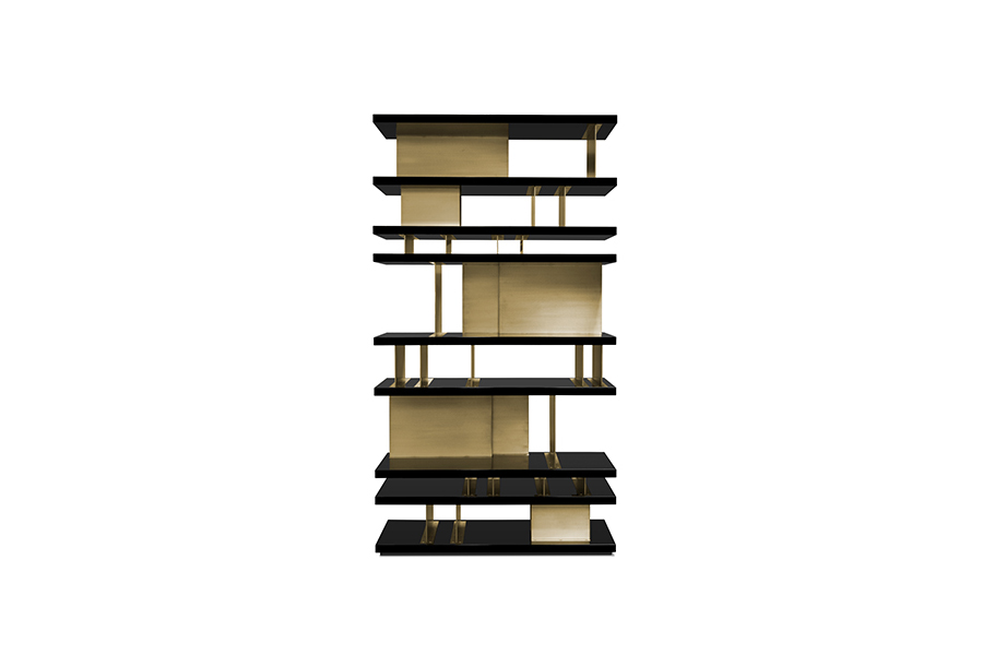 Lallan Bookcase with Black Matte Lacquer and Gold Plated Brass