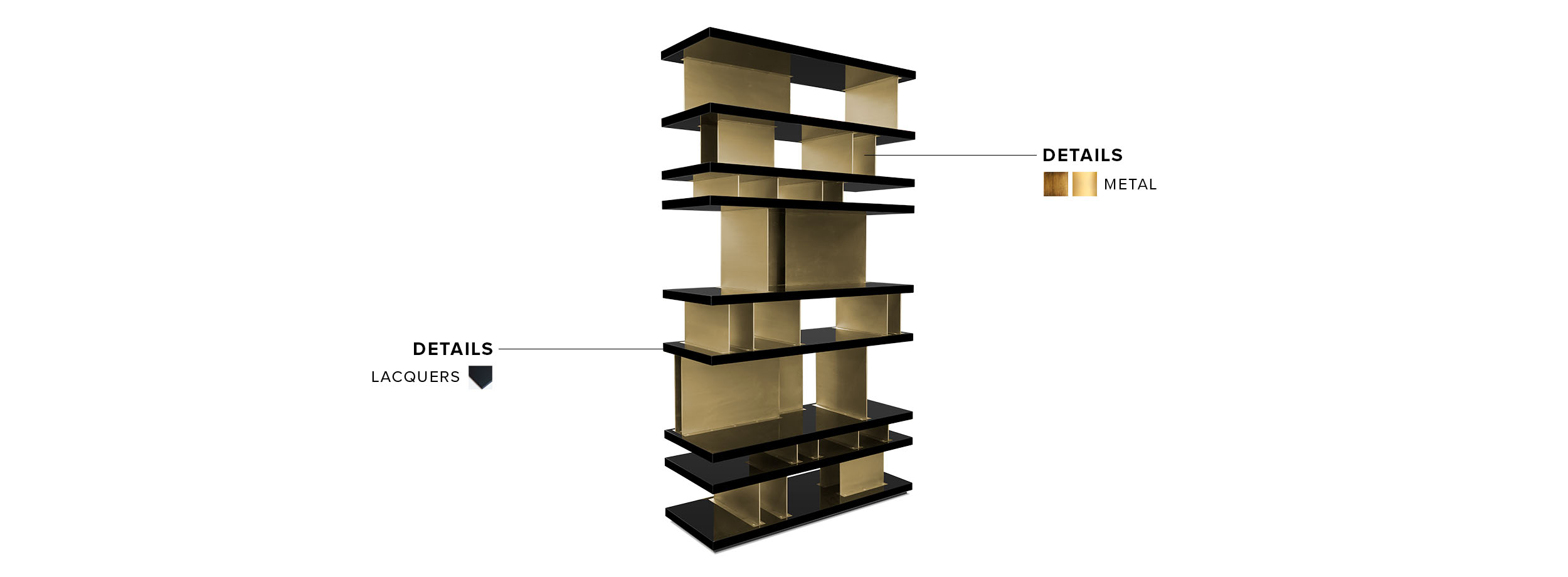 Lallan Bookcase with Black Matte Lacquer and Gold Plated Brass - Home'Society