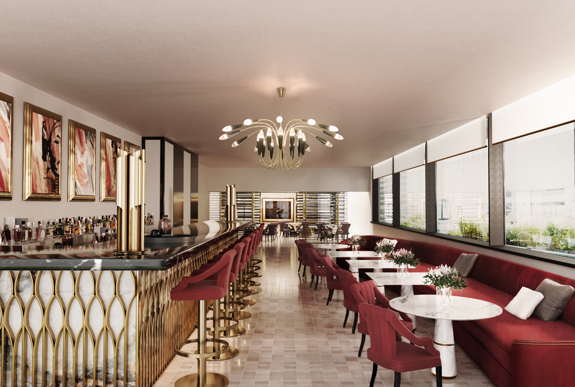 Restaurant Design with Red and Golden Details - Home'Society