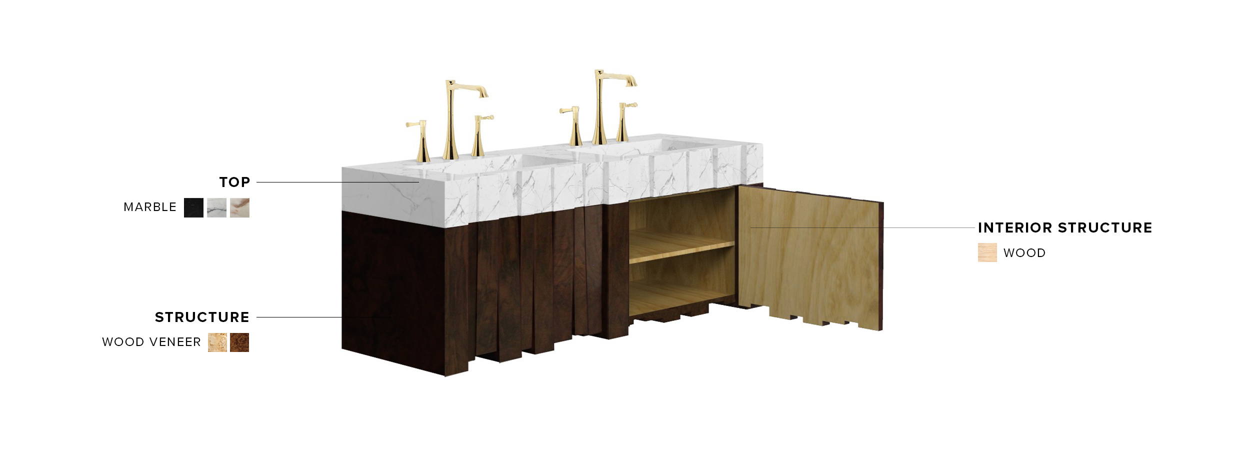 Nazca Wall Mounted Vanity Cabinet: Matte Walnut Root Veneer With A Marble Sink For A Modern Design - Home'Society