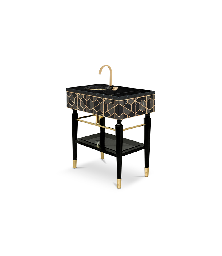 Tortoise Single Vanity Cabinet: Structured In High Gloss Black Lacquer With Brass Feet - Home'Society