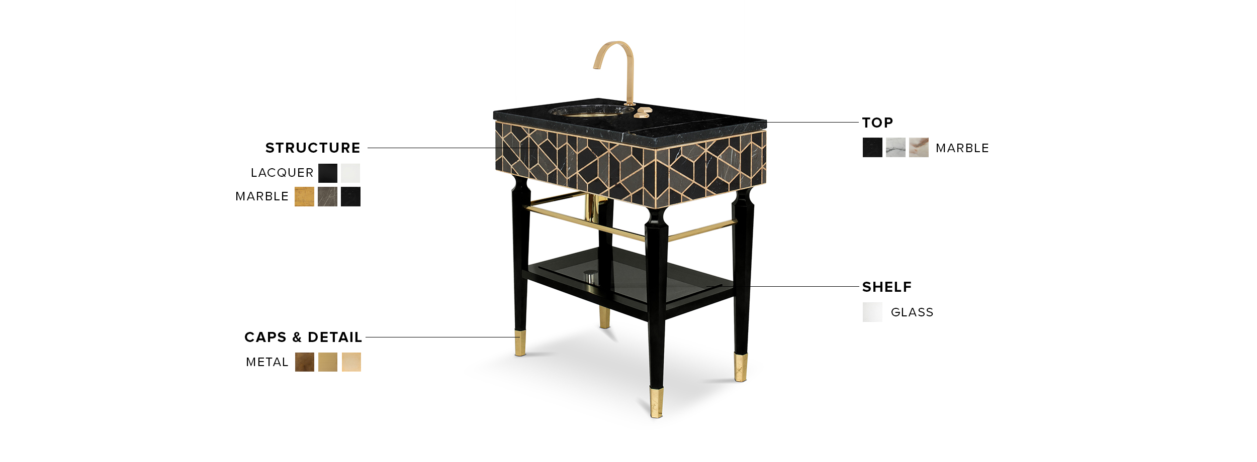 Tortoise Single Vanity Cabinet: Structured In High Gloss Black Lacquer With Brass Feet - Home'Society