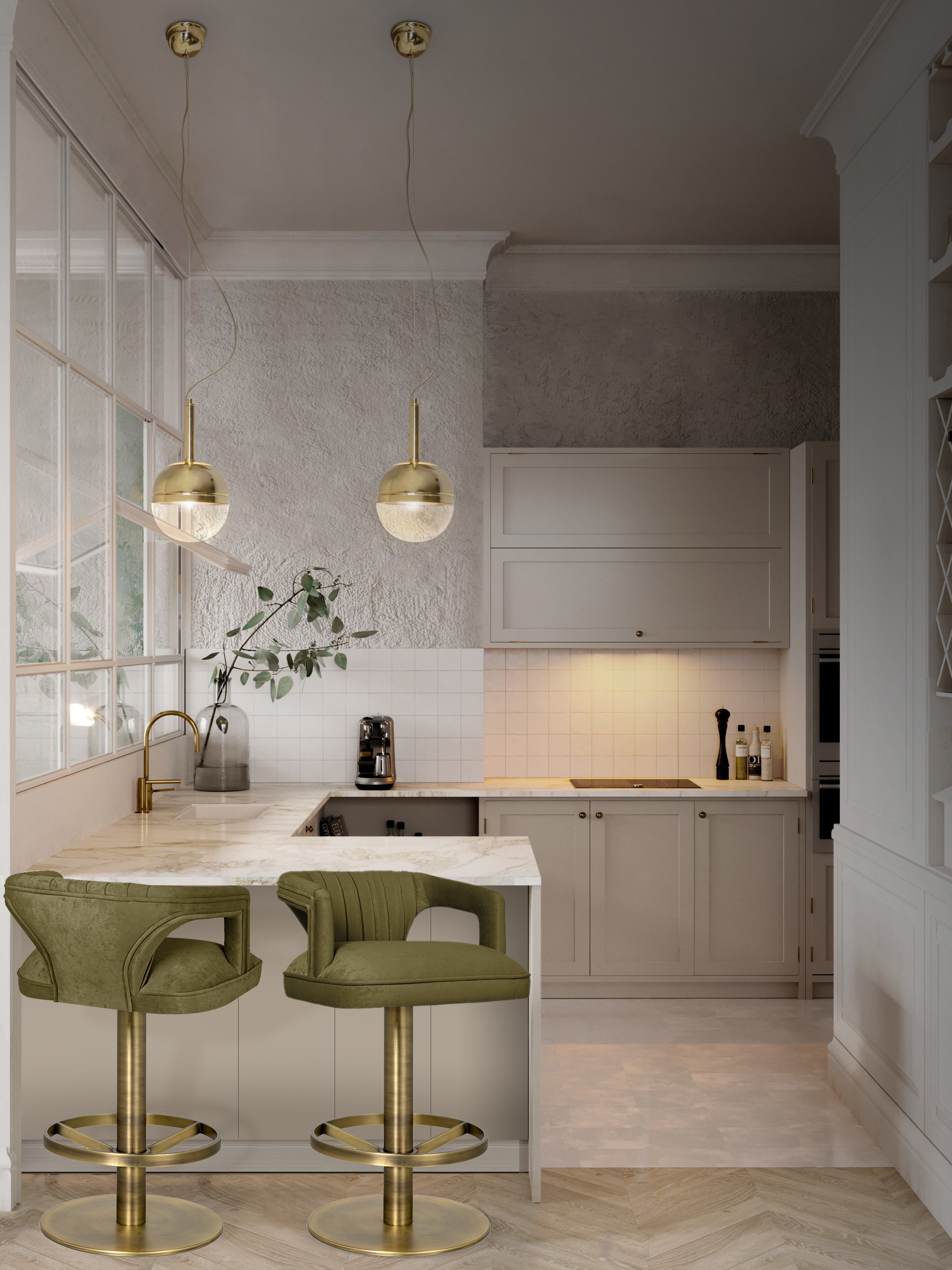 Mid-Century Kitchen with Swivel Counter Stool Upholstered in Green Velvet - Home'Society
