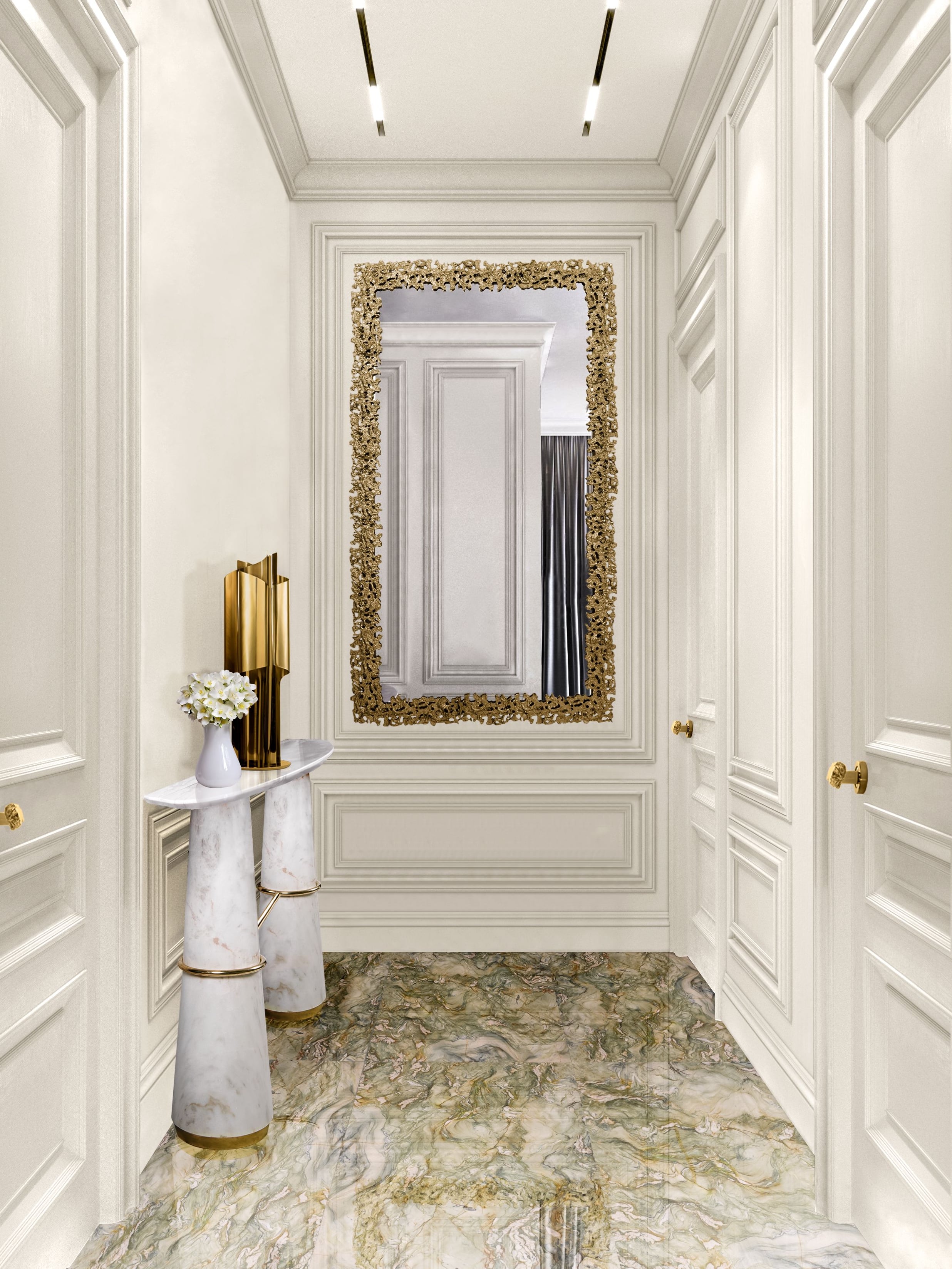 Elegant Entryway With Golden Mirror And Marbled Floor - Home'Society