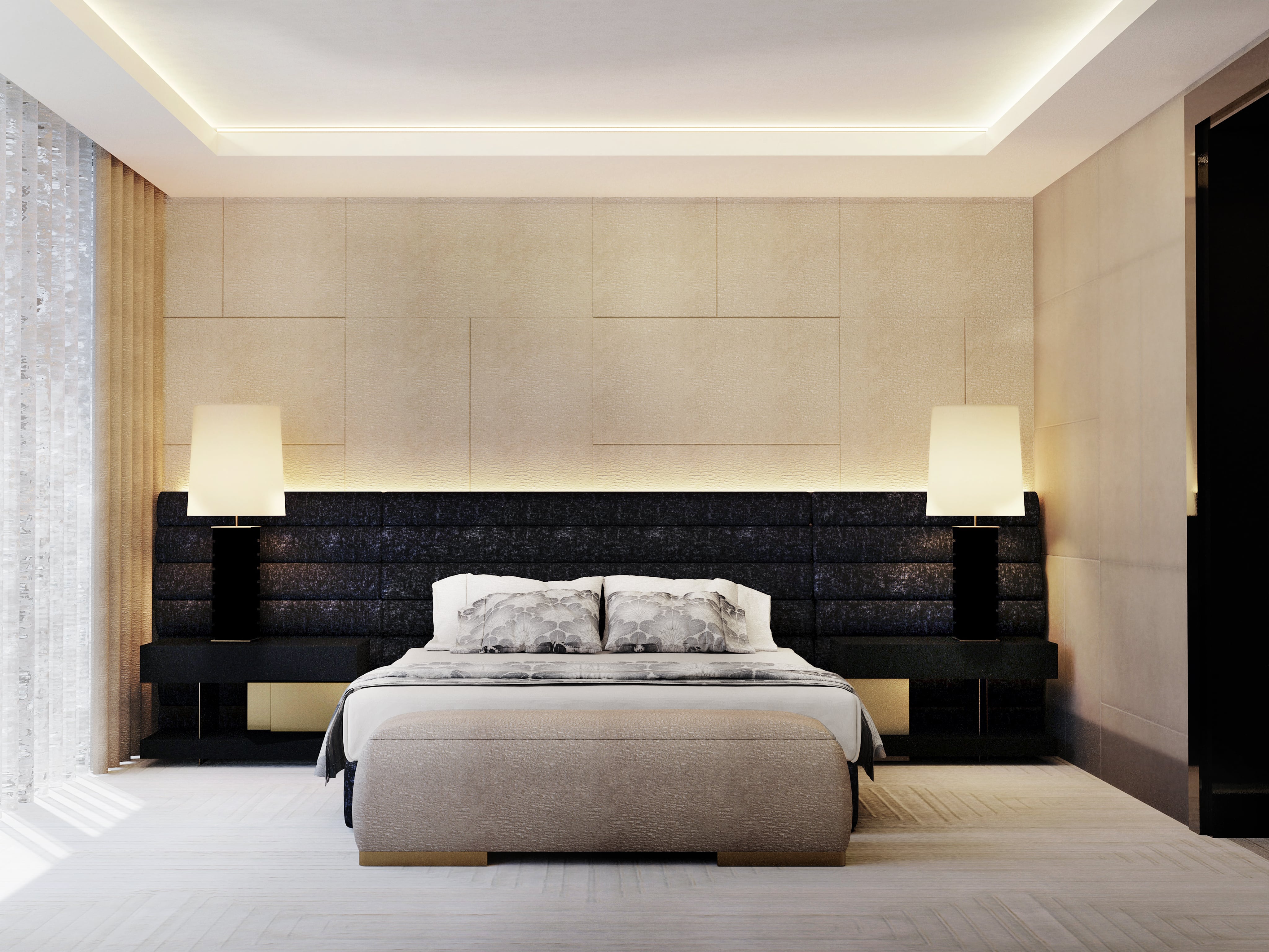 Neutral Master Bedroom Design With Outstanding Table Lamps - Home'Society