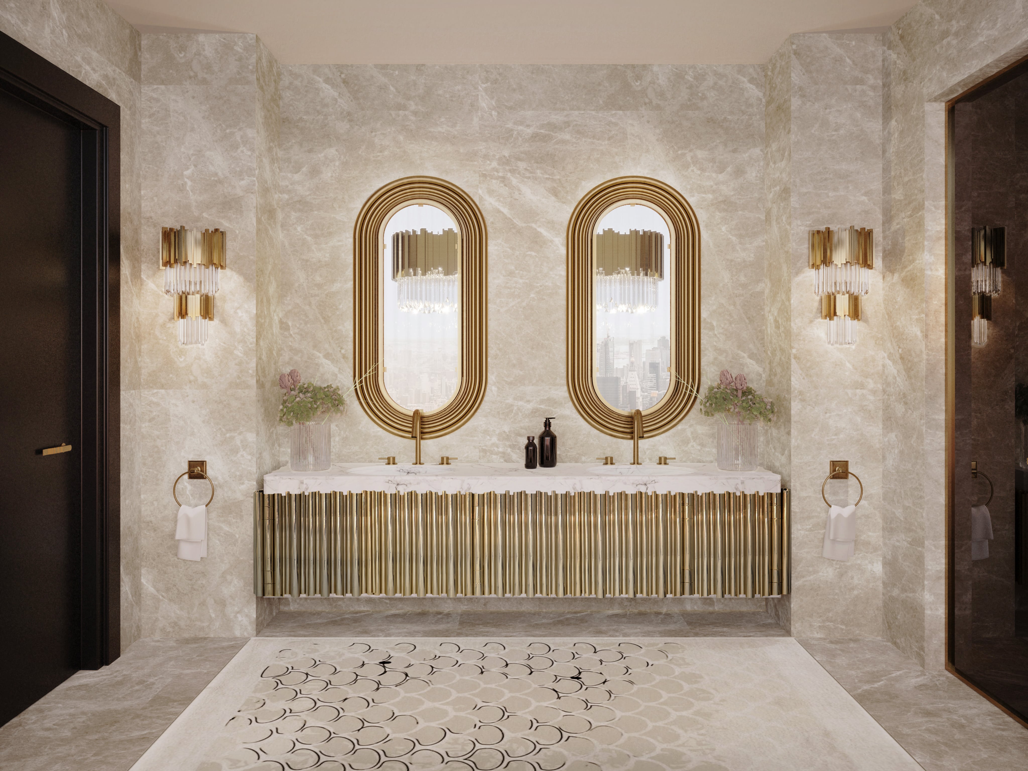 Luxury Bathroom Design With Polished Brass Mirror - Home'Society