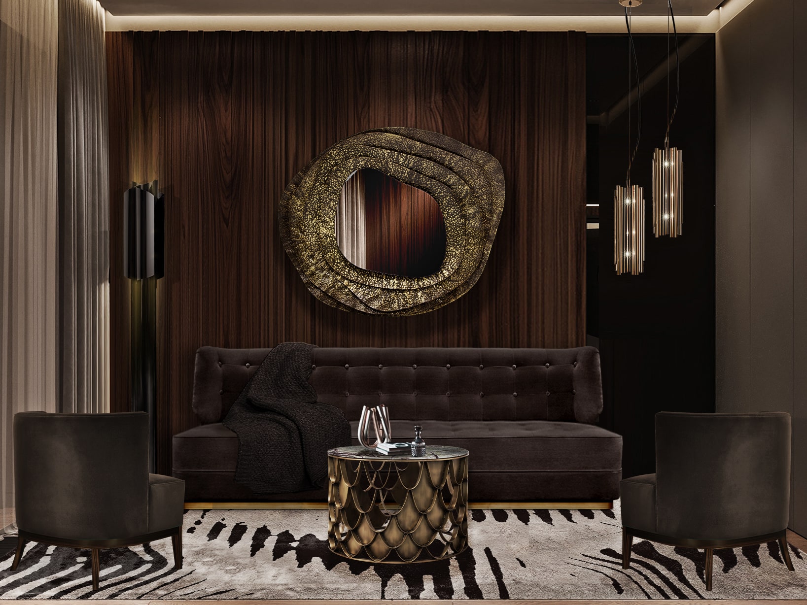 Brown And Bold Living Room Design With Exquiste Gold Mirror - Home'Society
