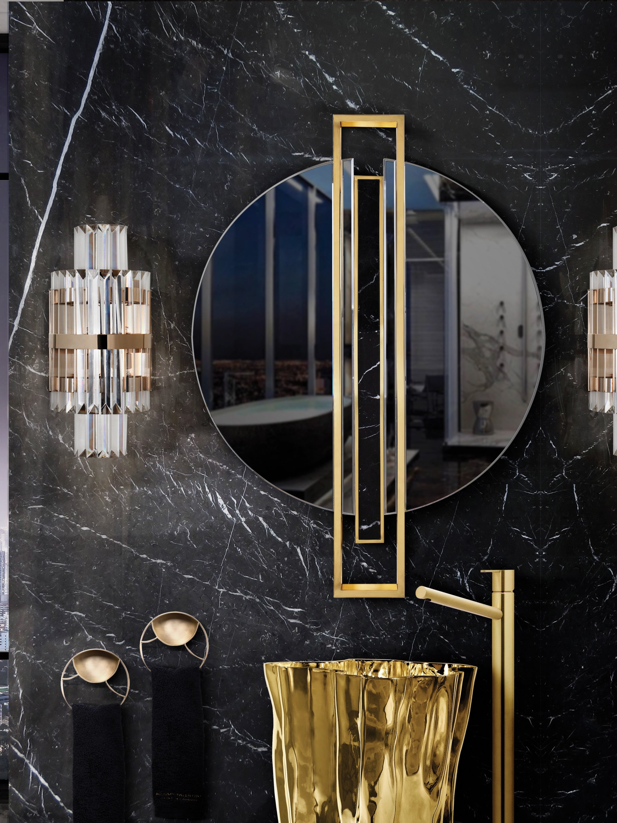 Luxurious Small Bathroom With Black Marble Walls And Polished Brass Mirror - Home'Society