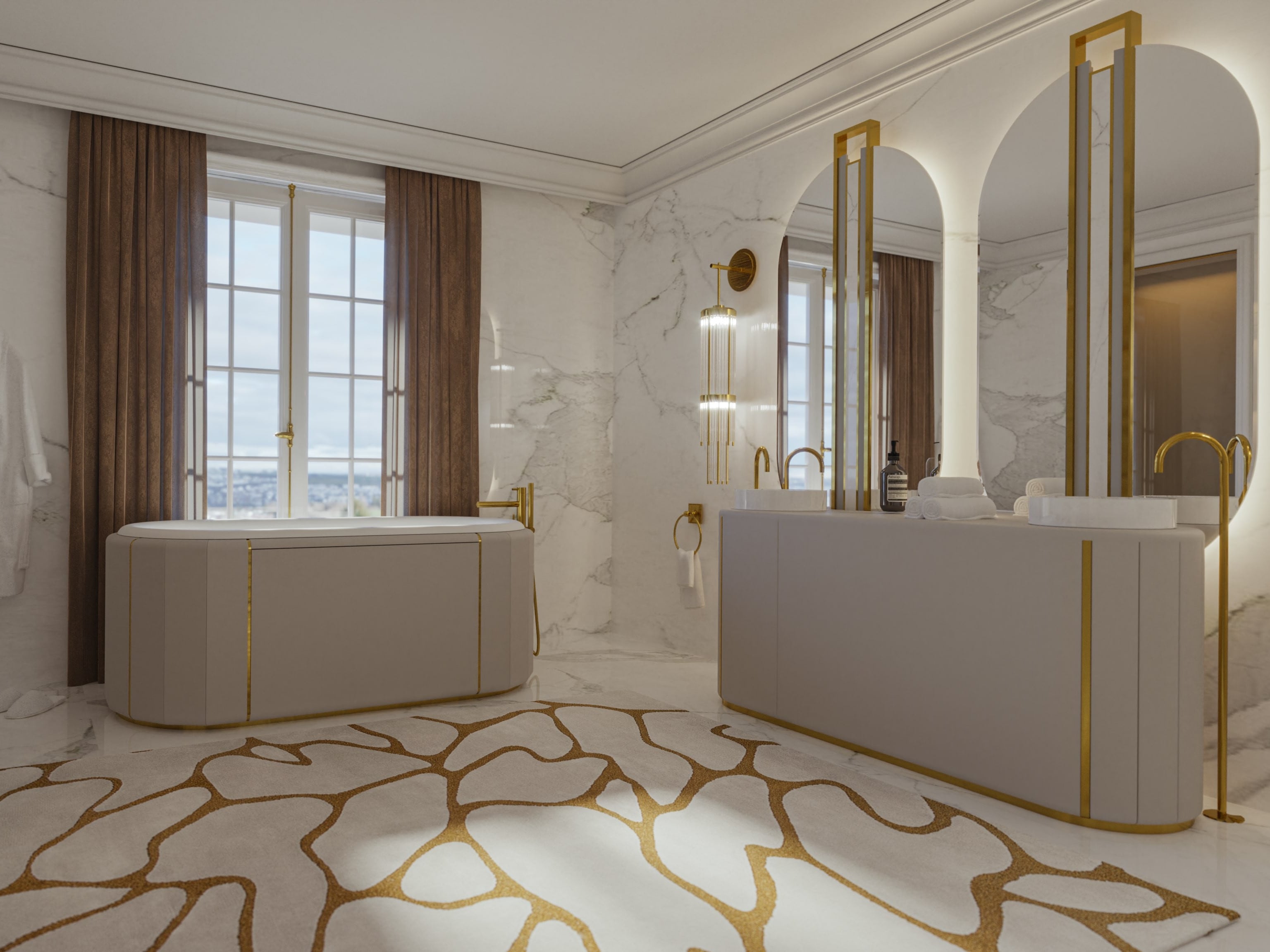 White Bathroom With Mixture Of Textures And Golden Details - Home'Society