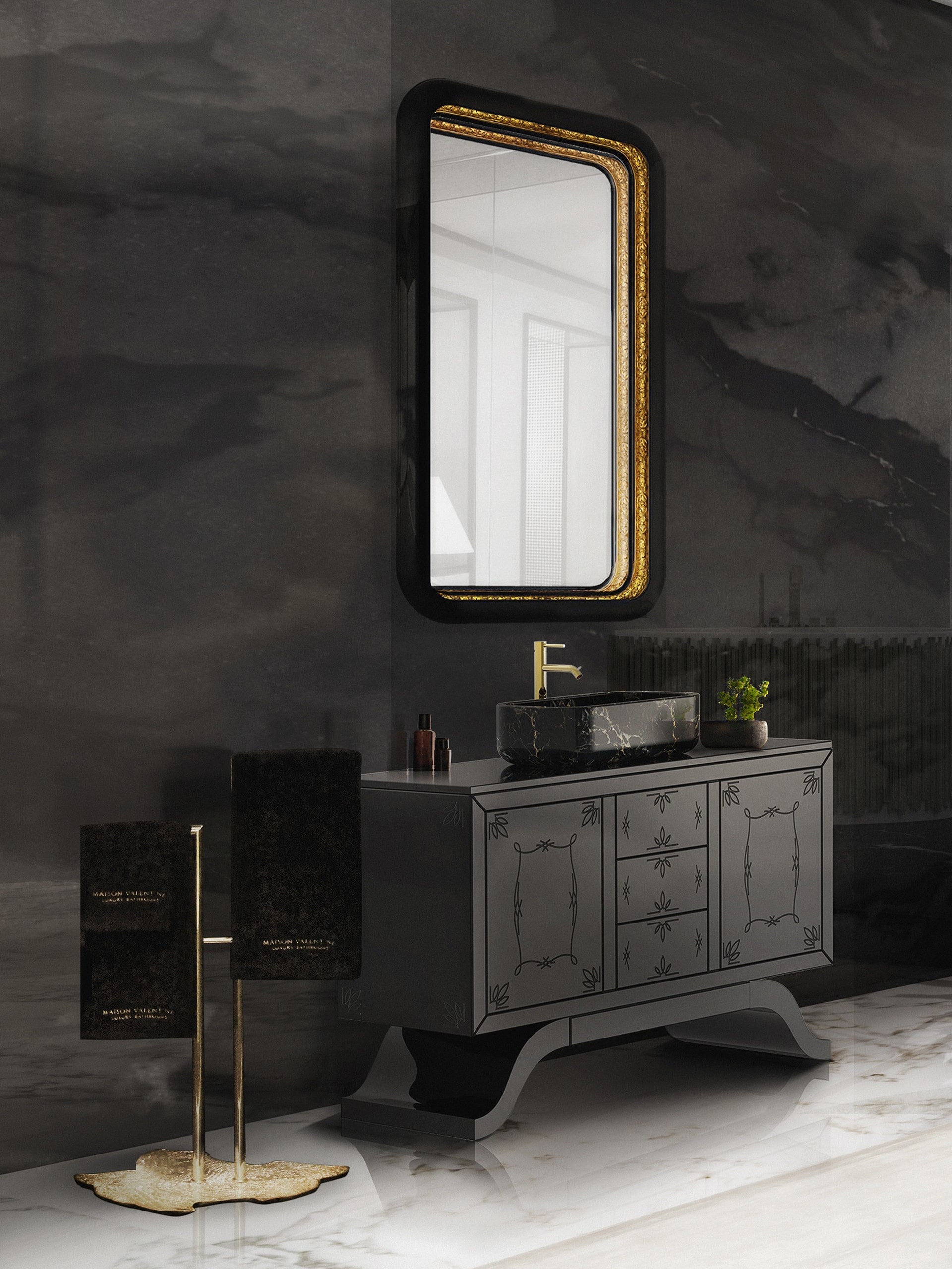 Black Luxury Bathroom With Square Mirror With A Golden Frame - Home'Society