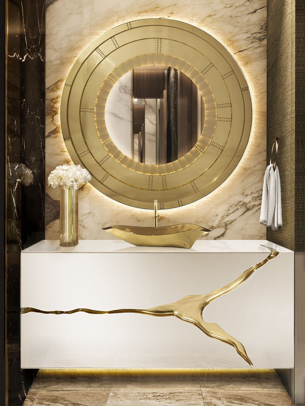 Golden Luxury Bathroom Design With Golden Round Mirror - Home'Society