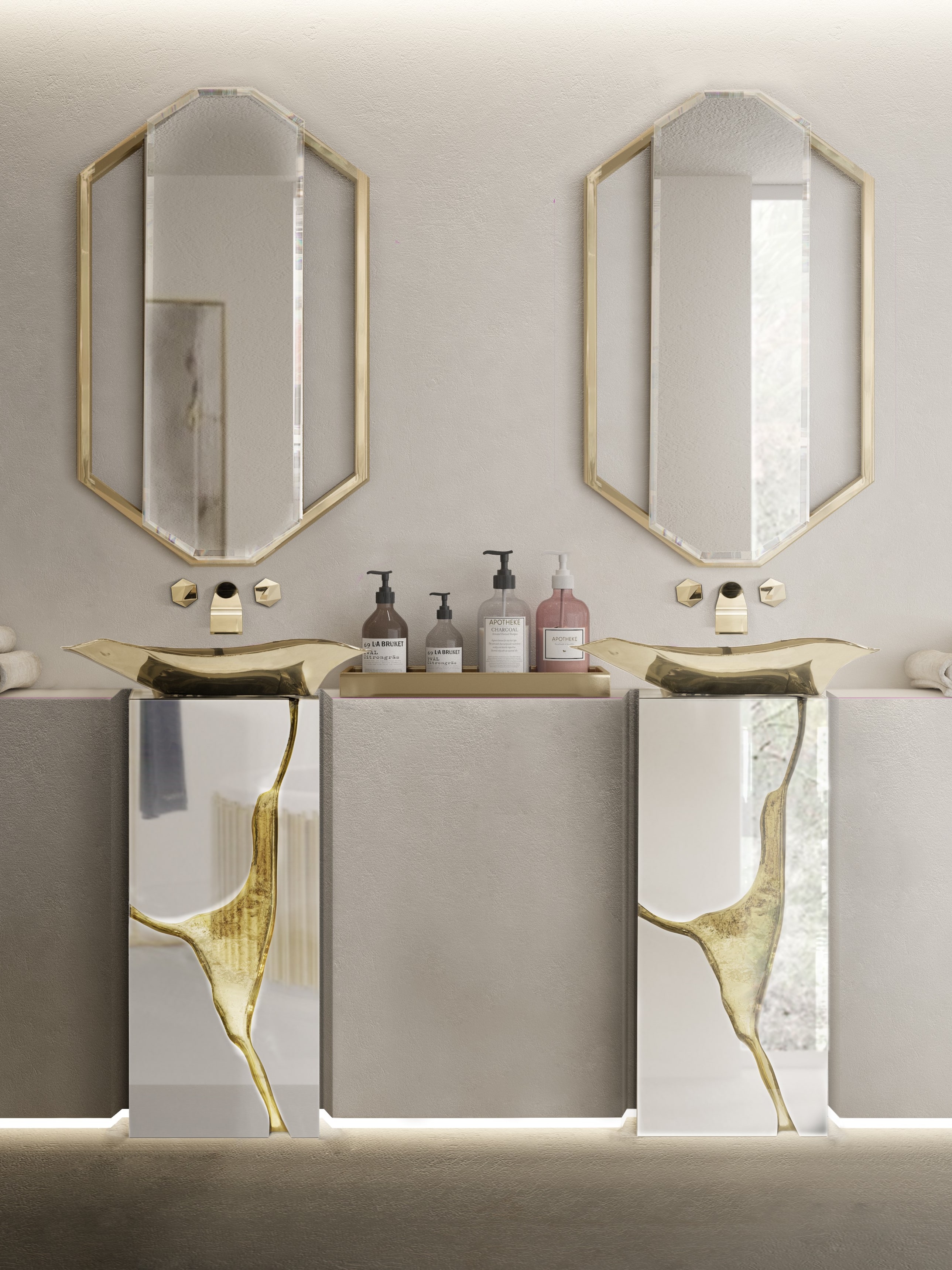 White Bathroom With Golden Detailed Vanity - Home'Society