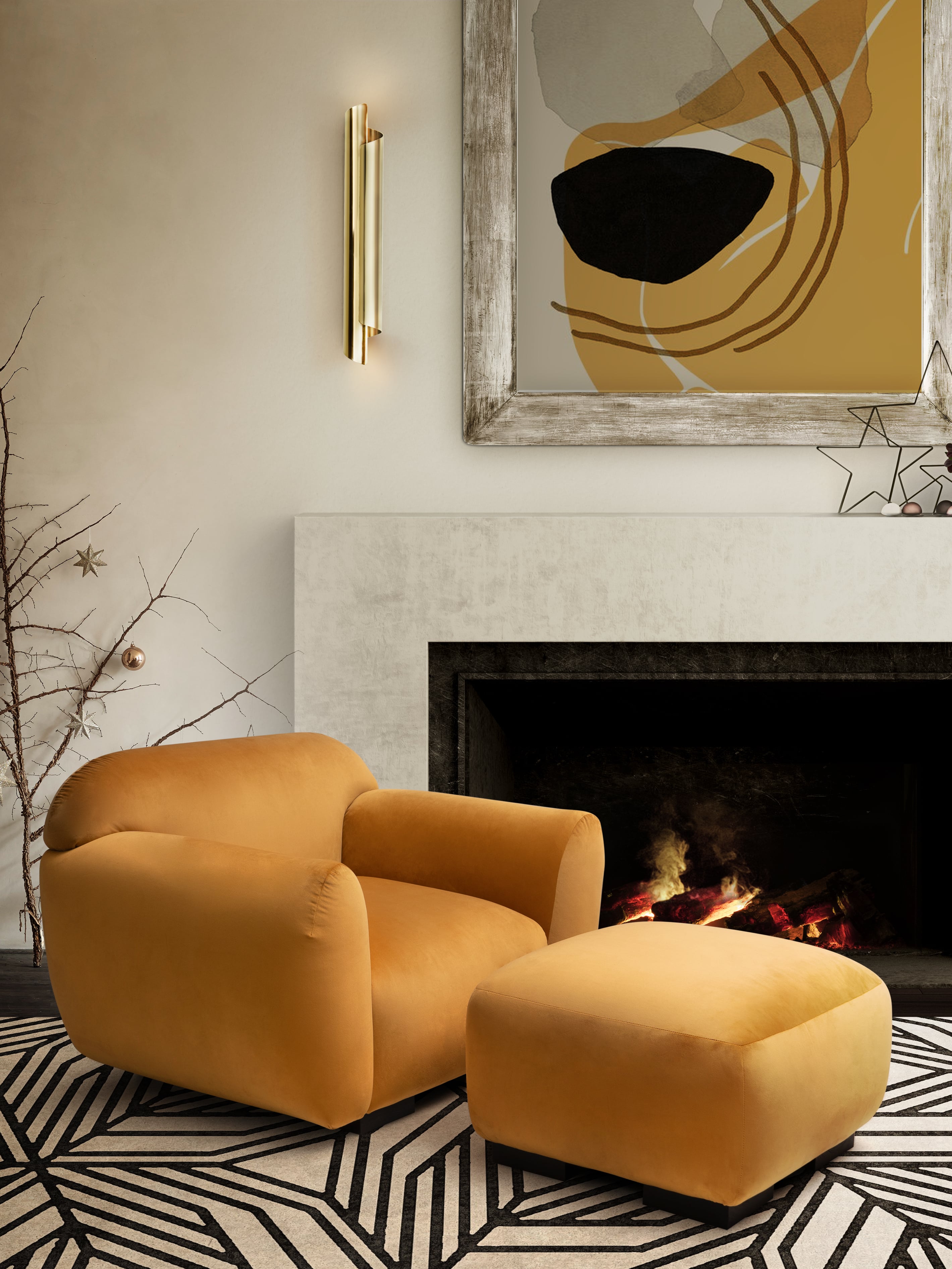 Yellow Cozy Living Room With Comfortable Ottoman - Home'Society