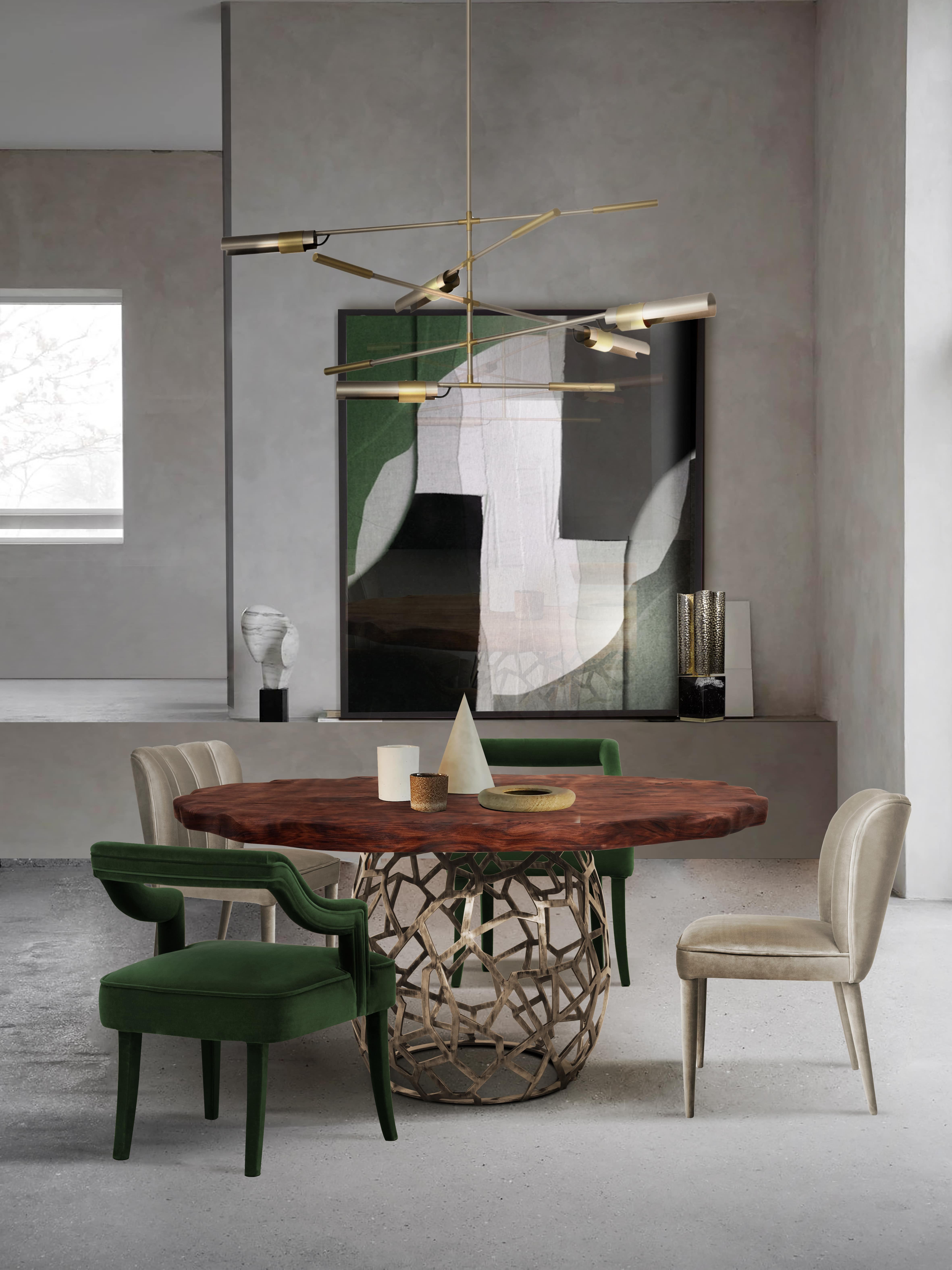 Inviting and Warm Modern Dining Room Decor with Round Wood Dining Table and Velvet Dining Chair - Home'Society